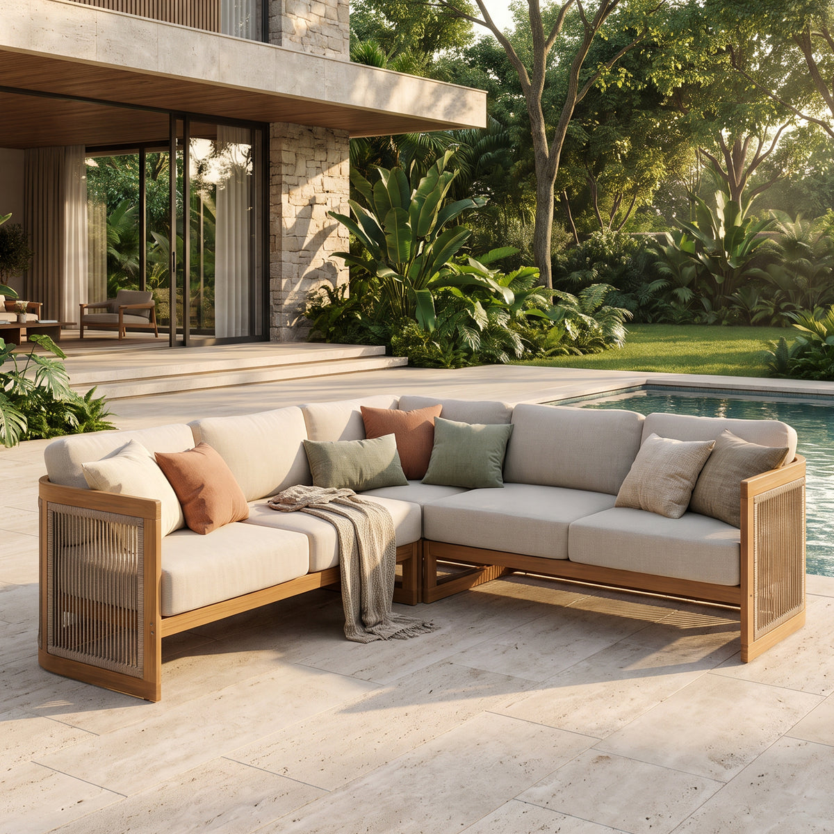 Mori Wooden Sectional with Adjustable Backrest, Linen Cushions & Swivel Chair