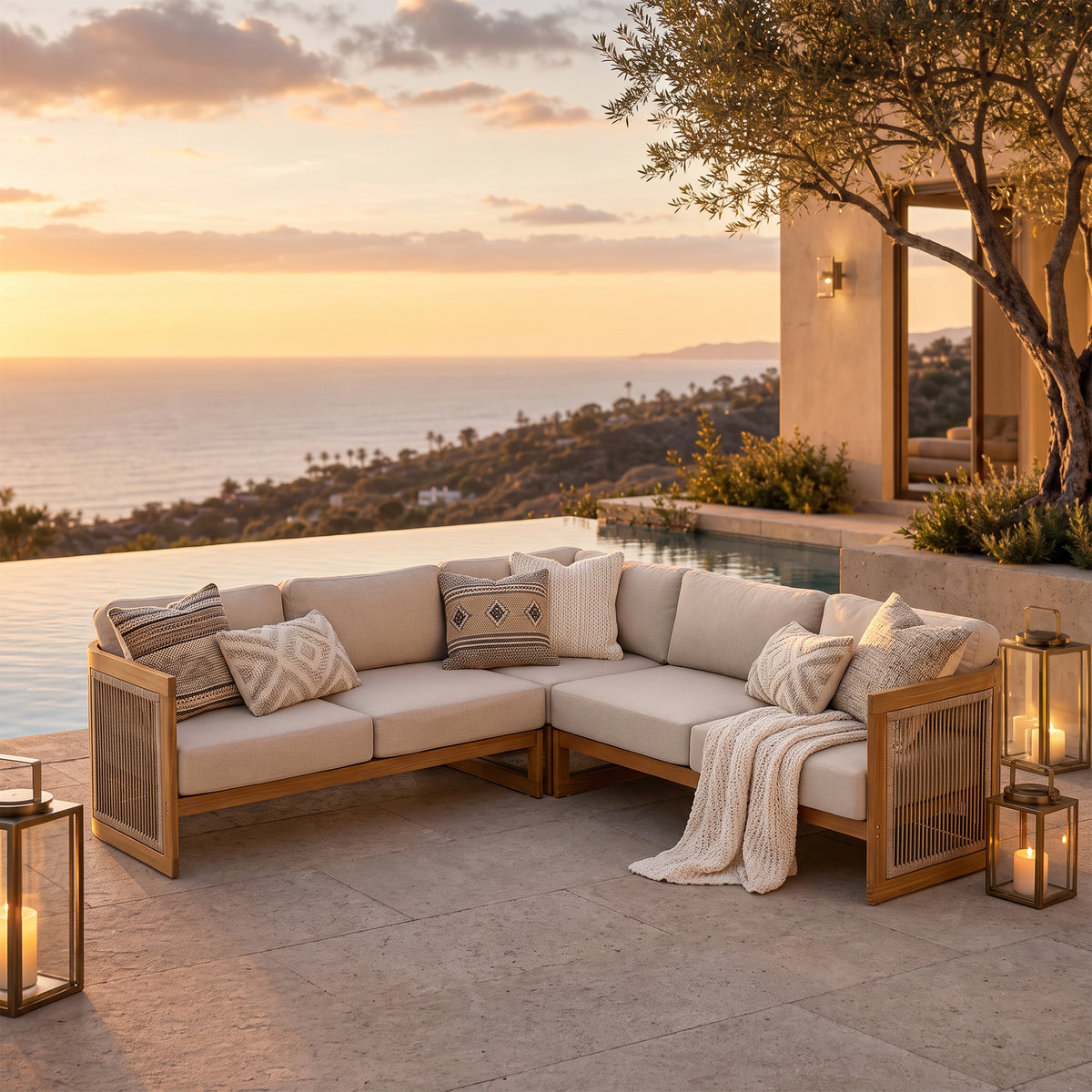 Mori Wooden Sectional with Adjustable Backrest, Linen Cushions & Swivel Chair