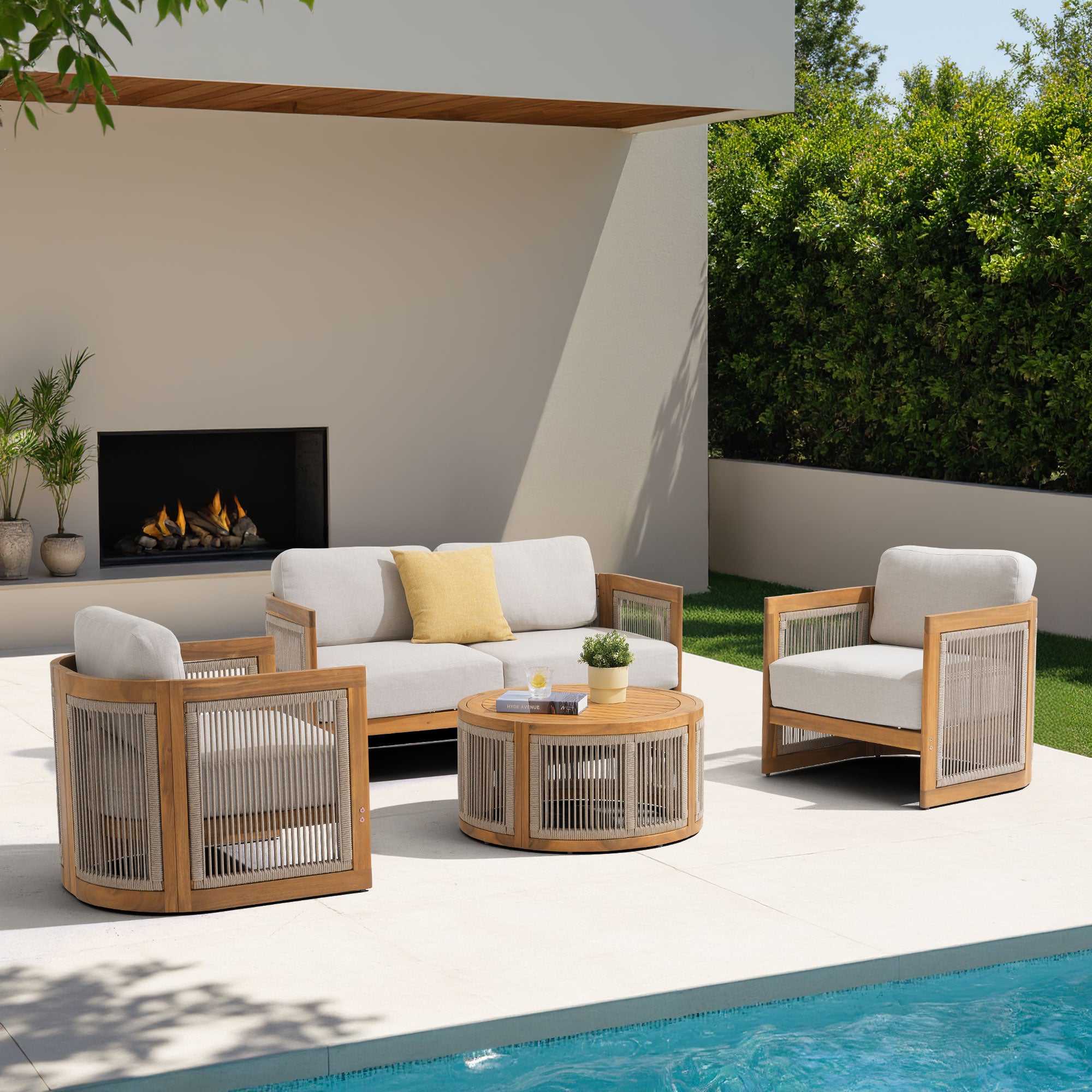 4 seats wooden outdoor conversation seating set with rope design, a loveseat, two chairs, a round coffee table- Jardina Modern Premium Patio Outdoor Furniture#Size_4-pc with Loveseat