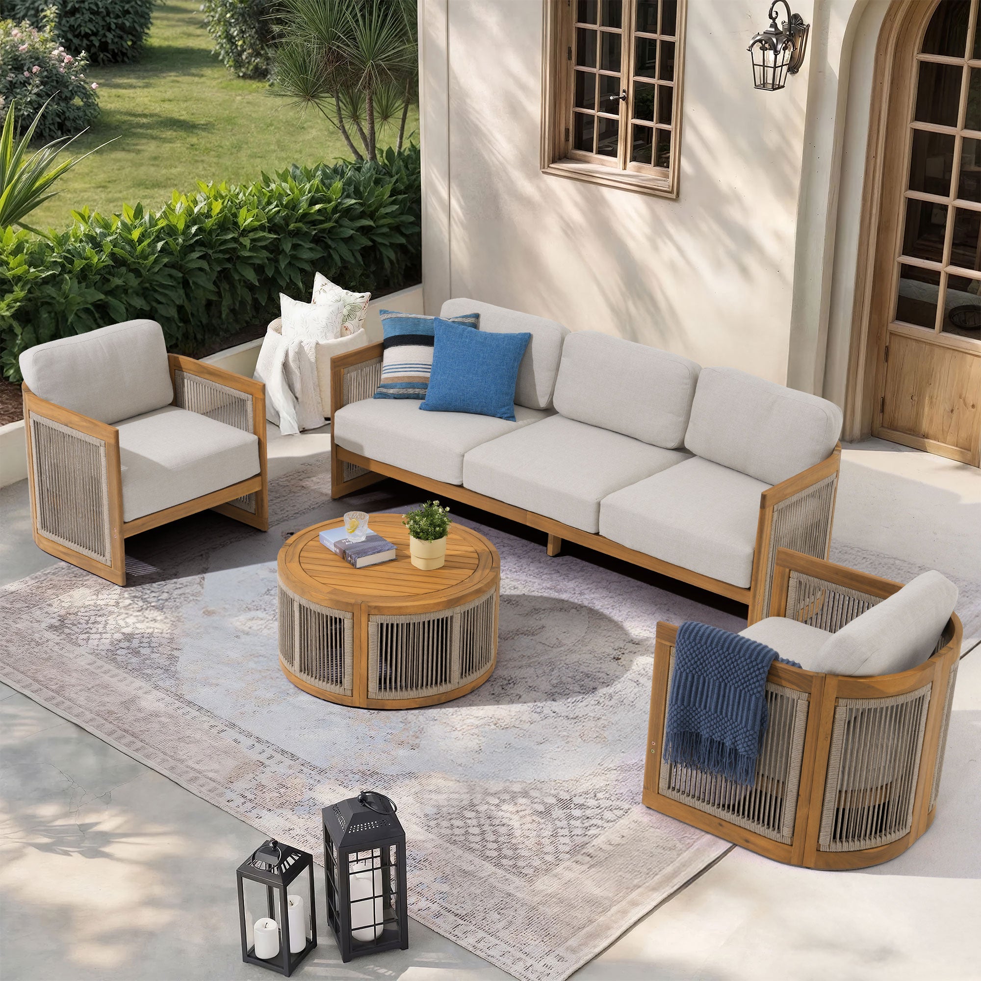 wooden and rope Outdoor patio furniture conversation set with a sofa, two lounge chairs, and coffee table- Jardina Modern Premium Patio Outdoor Furniture