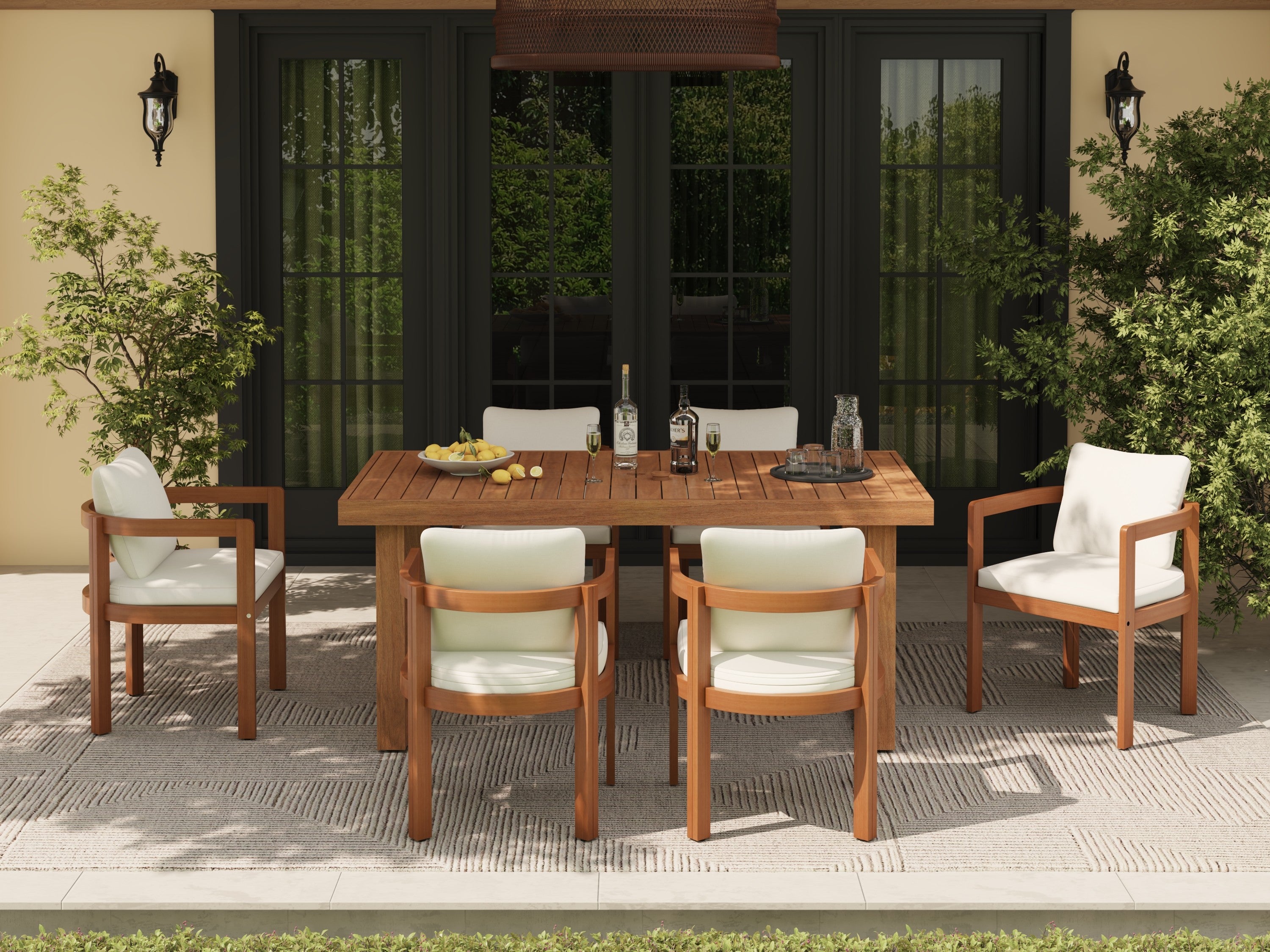 Mori Wood Outdoor Dining Set with Umbrella Hole for 4-6 People, Sled Leg Design, 67''