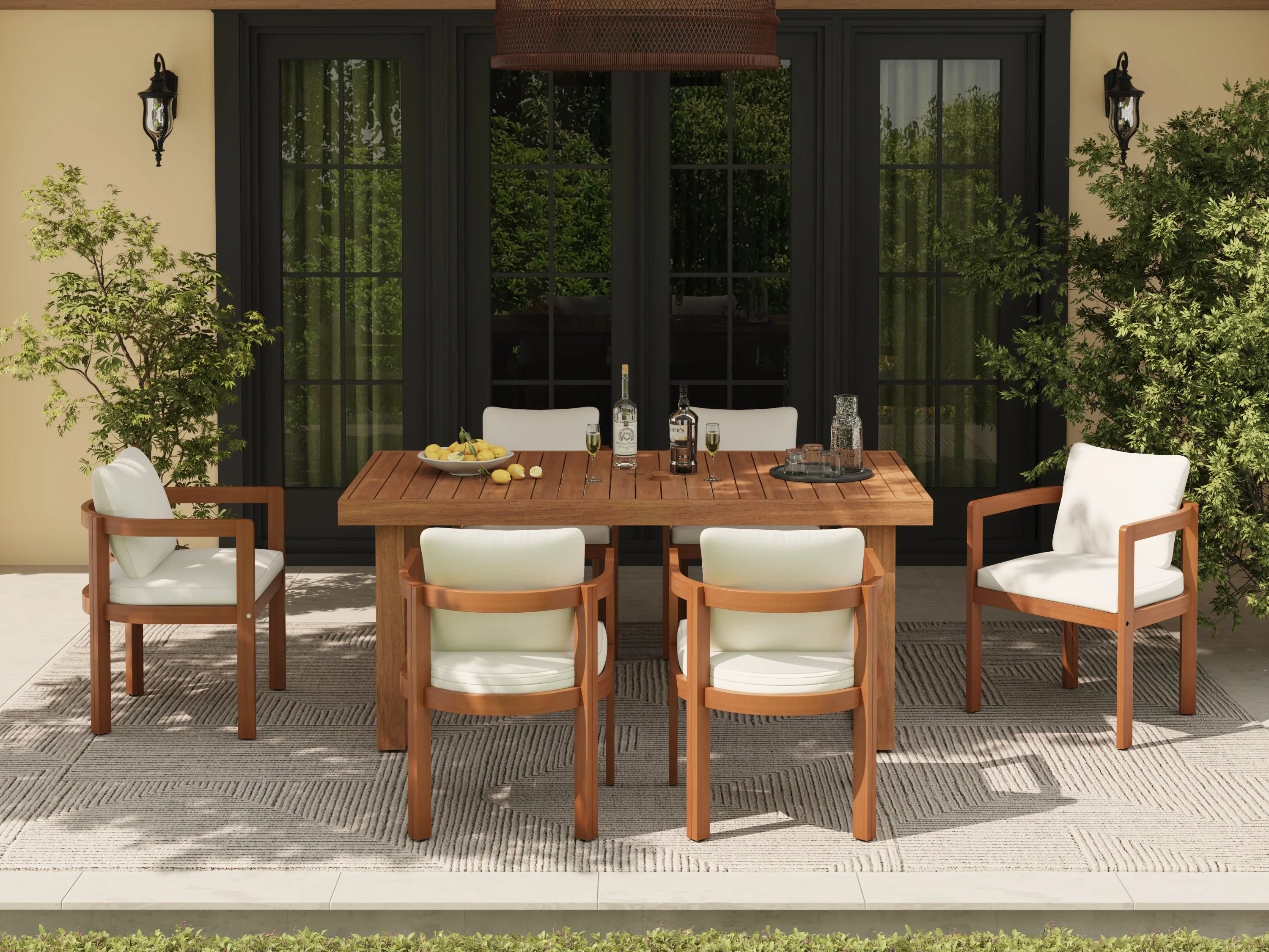 Outdoor dining set for 6 with acacia wooden table and chairs on a patio - Jardina Premium Modern Outdoor Dining Furniture