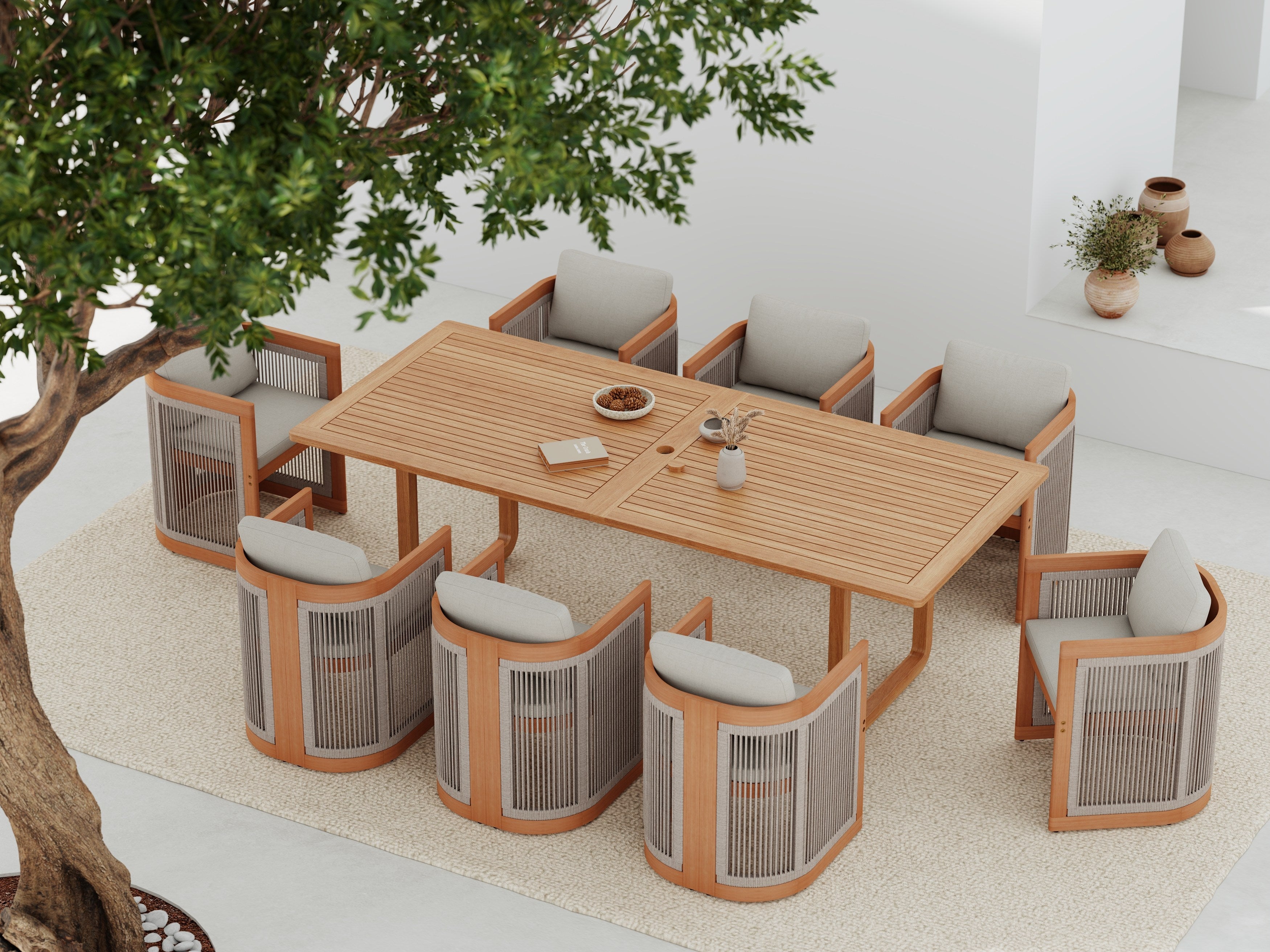 Outdoor Wood & Rope Dining Set with Umbrella Hole for 8 People, 90.6" Round Edge & U-Leg - Jardina Modern Outdoor Pario Furniture