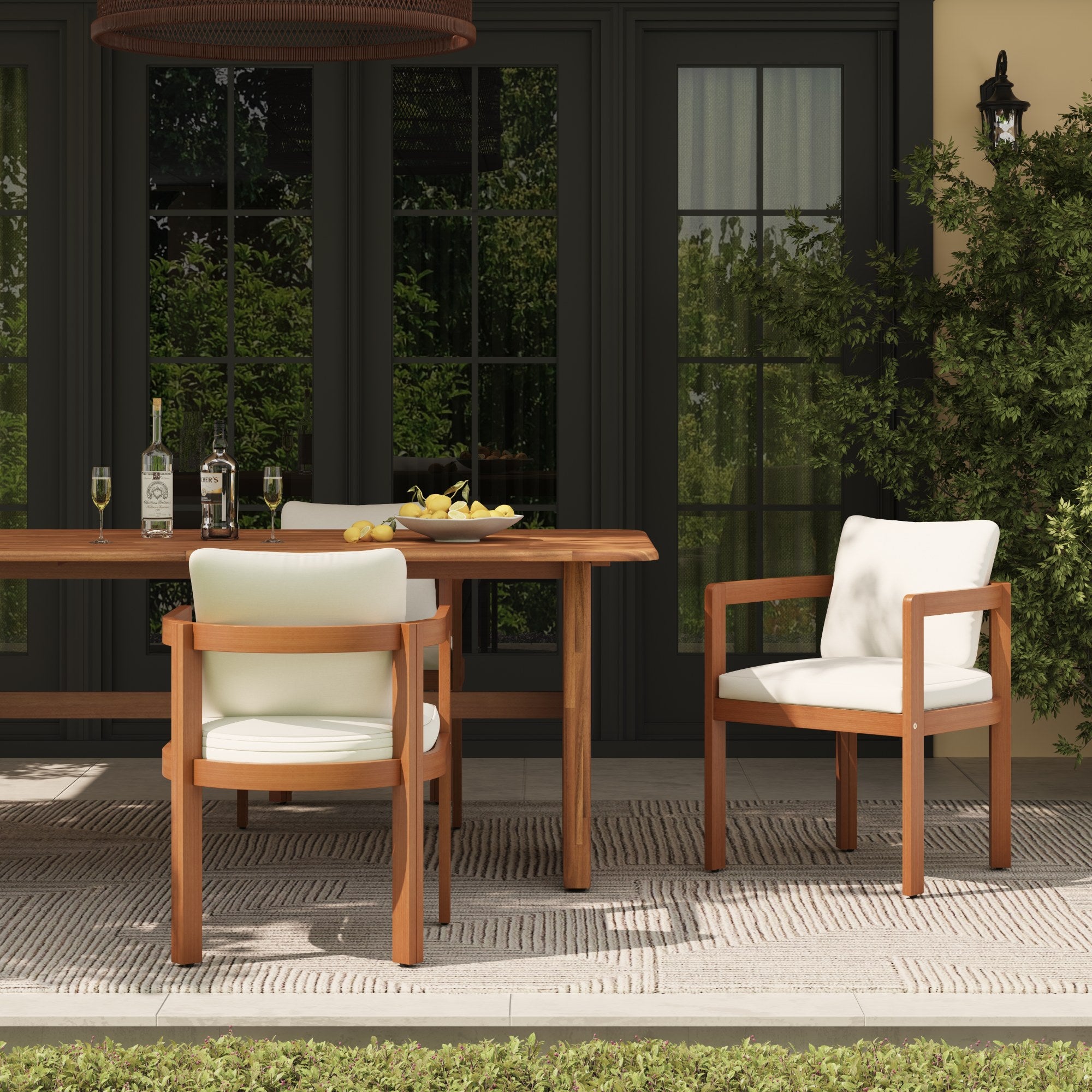 Outdoor dining set with wooden table and chairs on a patio- Jardina Modern Premium Patio Outdoor Furniture