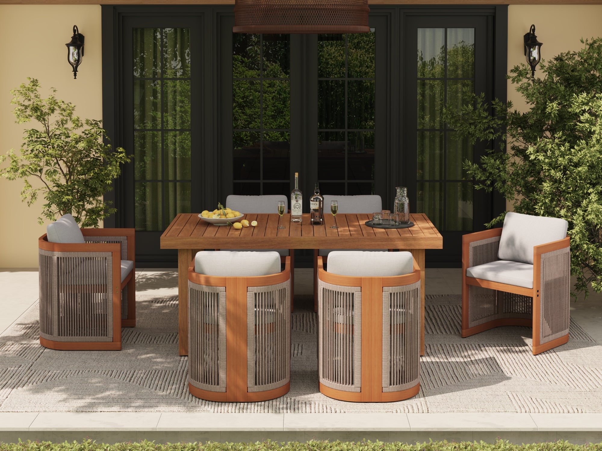 Outdoor patio set for 6 with acacia wooden table and chairs on a patio with umbrella hole - Jardina Premium Modern Outdoor Dining Furniture