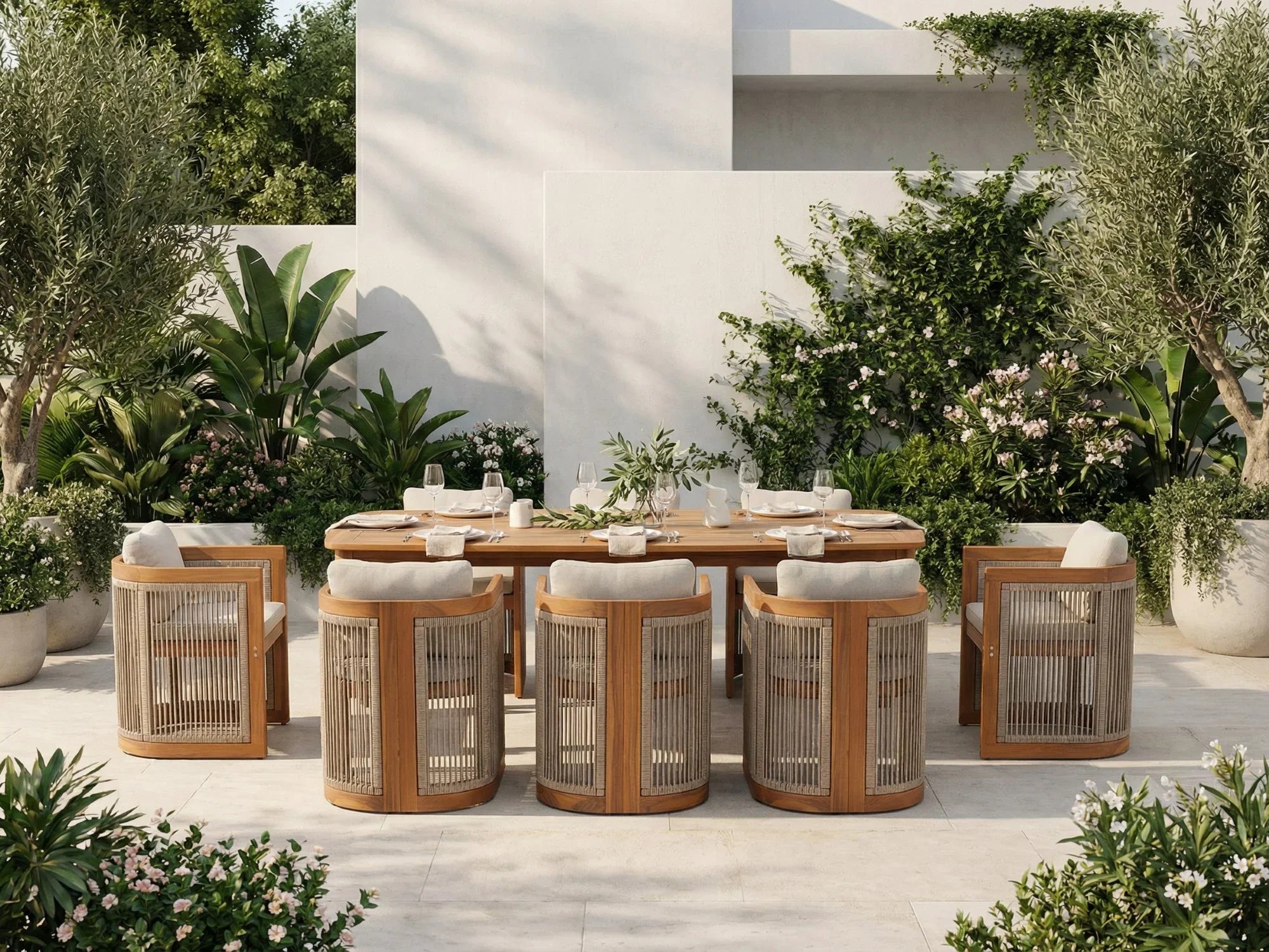 Outdoor dining set for 8 people with acacia wooden table and rope chairs on a patio - Jardina Premium Modern Outdoor Dining Furniture