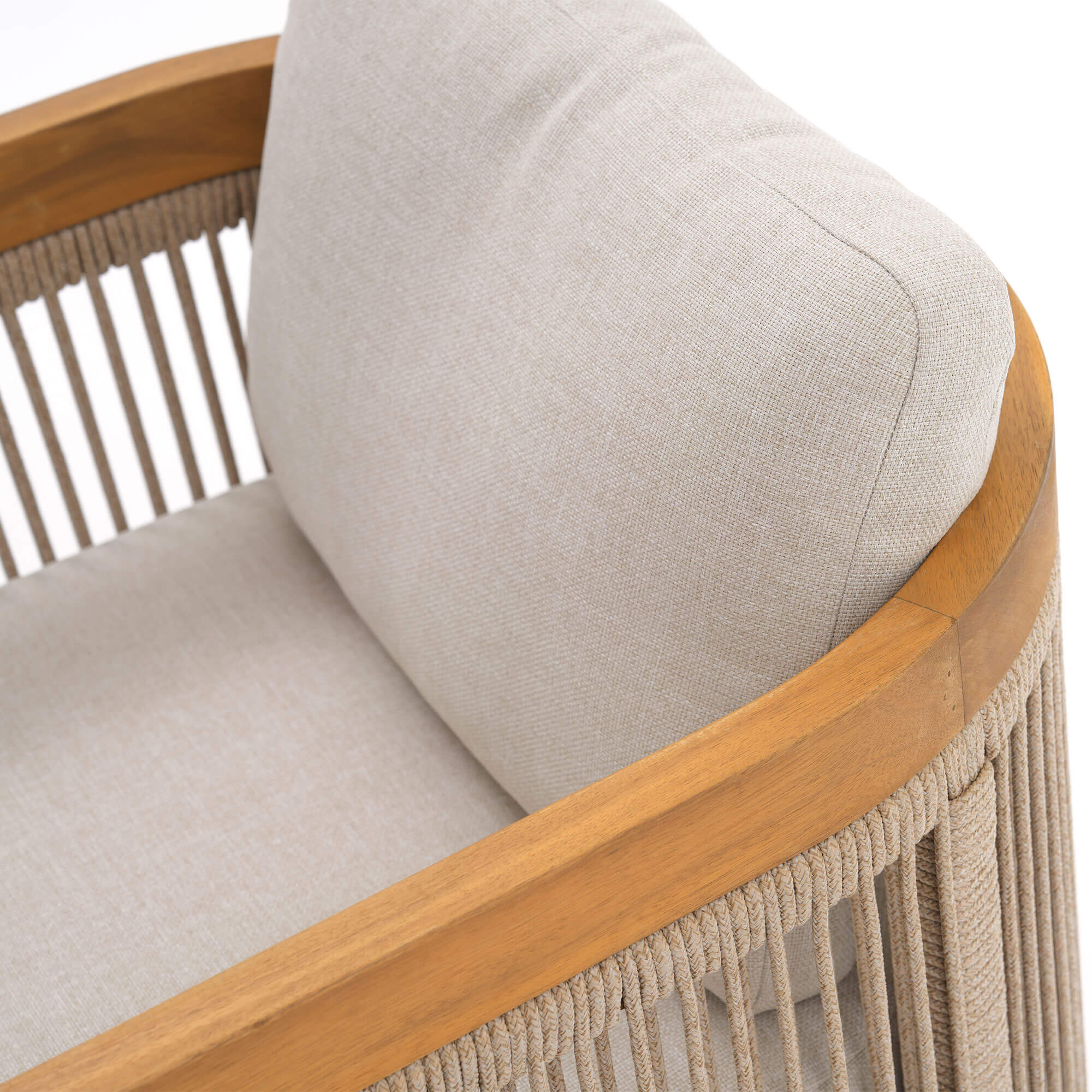 Close-up of a beige cushioned chair with wooden frame and woven rope backrest detail - Jardina Modern Premium Patio Outdoor Furniture