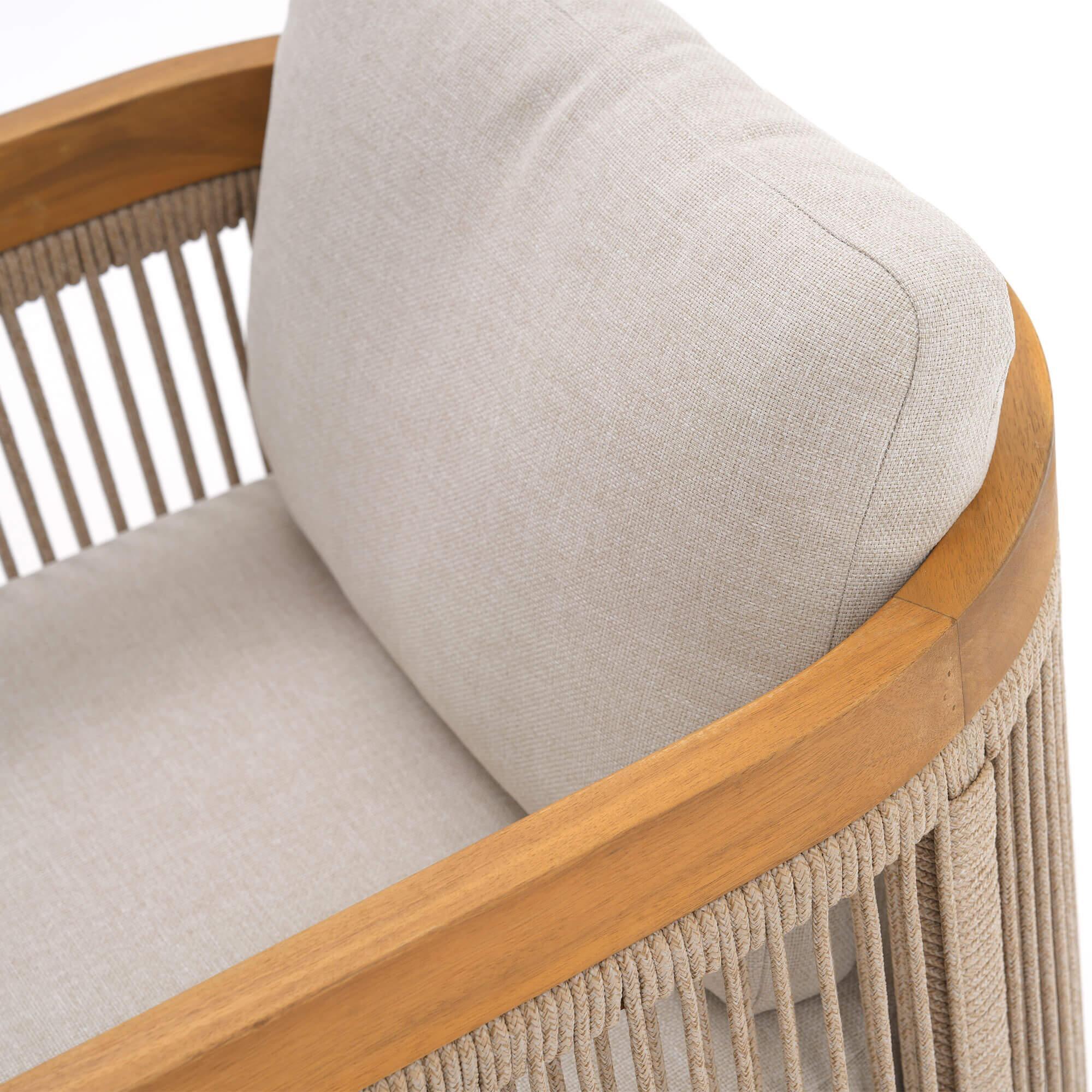 Close-up of a beige cushioned chair with acacia wooden frame and woven rope backrest detail - Jardina Modern Premium Patio Outdoor Furniture