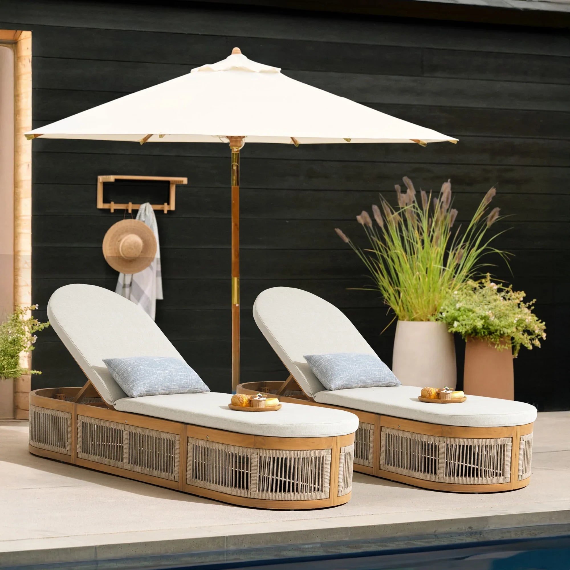 Two acacia wood and rope lounge chairs under a large umbrella - Jardina Modern Premium Outdoor Patio Furniture Sets