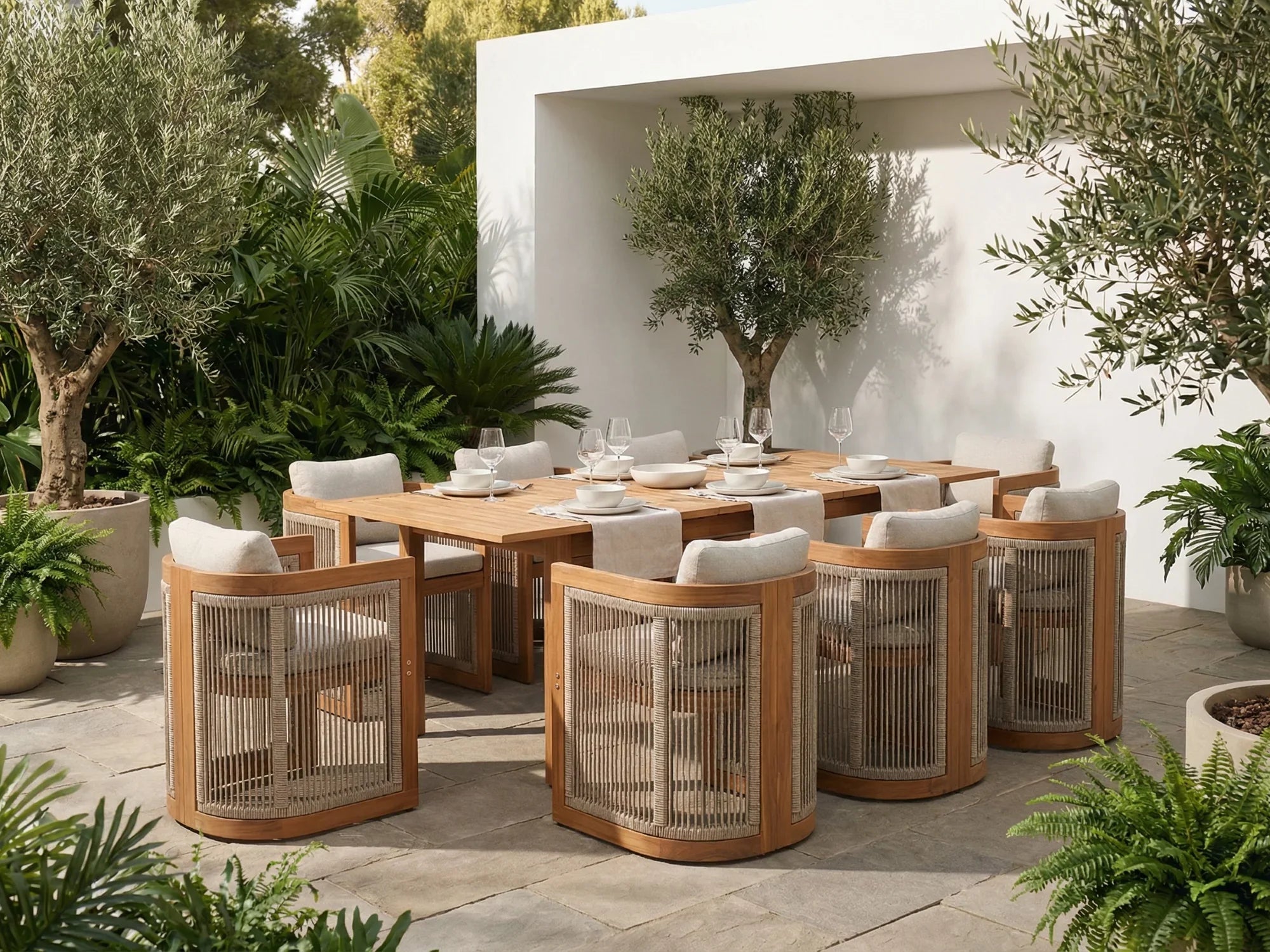 acacia Wooden Extendable Outdoor Dining Set with rope Chairs for 6-8 People, 59"-79" rectangular table - Jardina Premium Modern Outdoor Dining Furniture