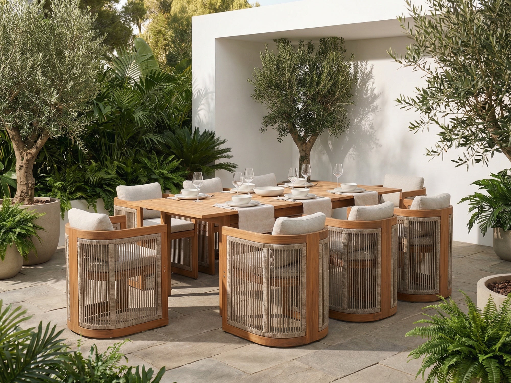 acacia Wooden Extendable Outdoor Dining Set with rope Chairs for 6-8 People, 59"-79" rectangular table - Jardina Premium Modern Outdoor Dining Furniture