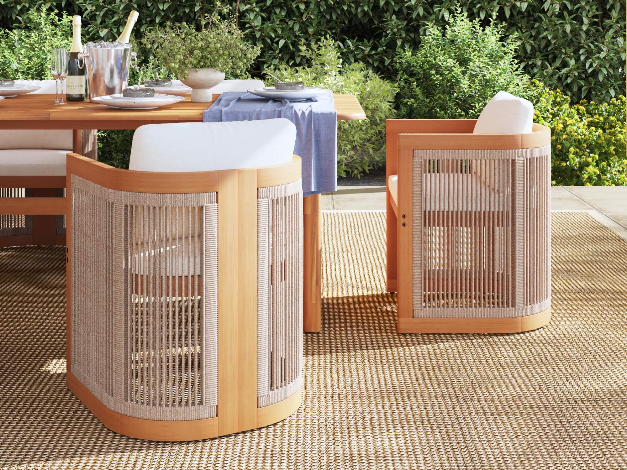 Outdoor furniture set with wooden and wicker chairs and table on a patio- Jardina Modern Premium Patio Outdoor Furniture