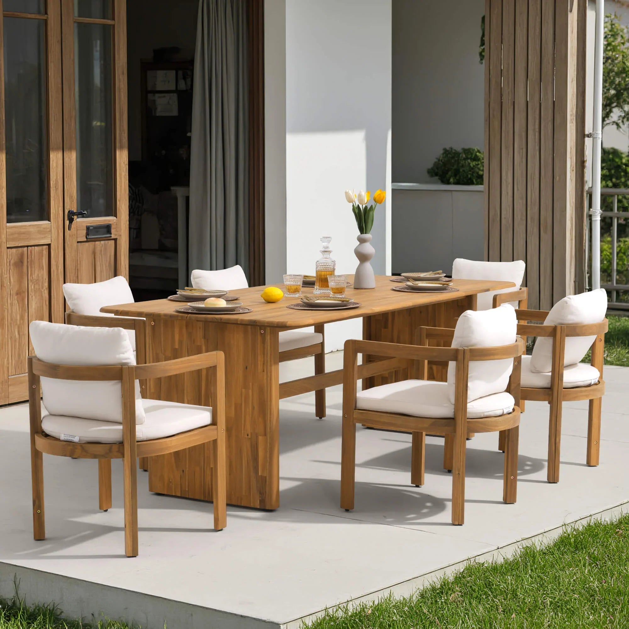7pcs acacia wooden outdoor dining set with white cushions- Jardina Modern Premium Patio Outdoor Furniture#Size_6 Chairs + 1 Table