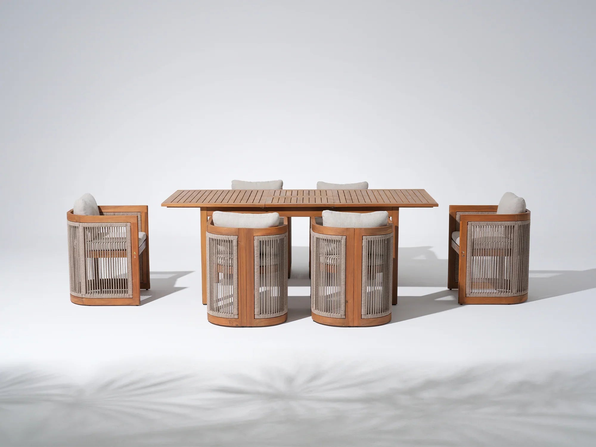 acacia Wooden Extendable Outdoor Dining Set with Nylon Cording Chairs for 6-8 People, 59"-79" rectangular table - Jardina Premium Modern Outdoor Dining Furniture