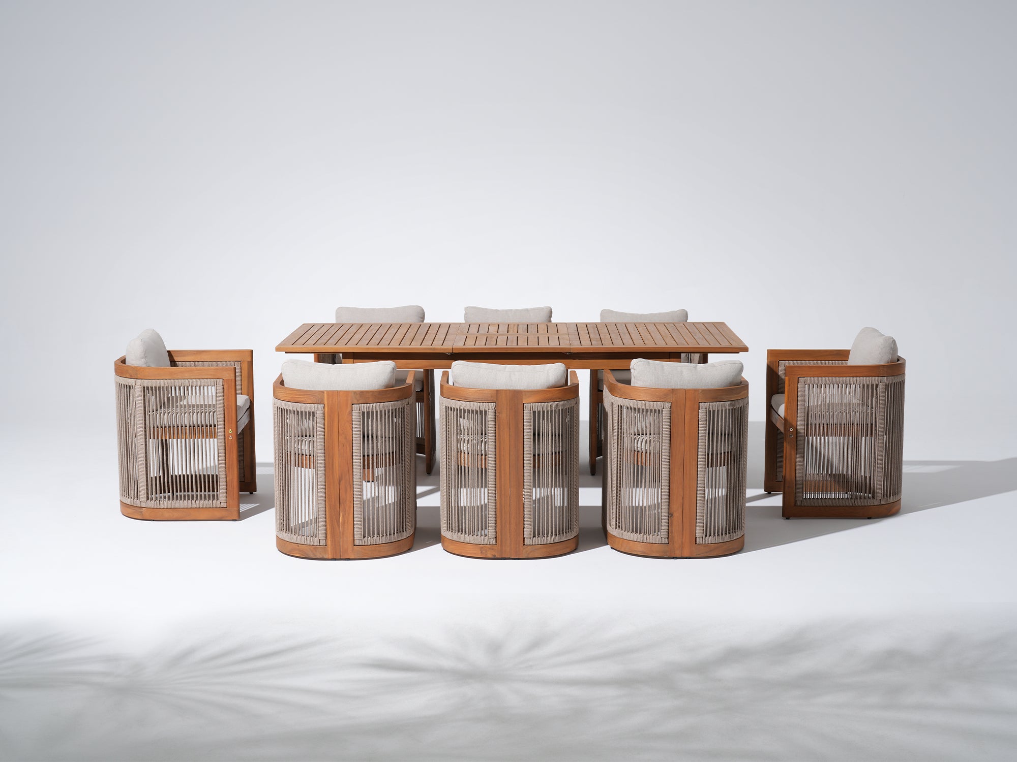 Mori Wooden Extendable Outdoor Dining Set with Nylon Cording Chairs for 6-8 People, 59"-79"