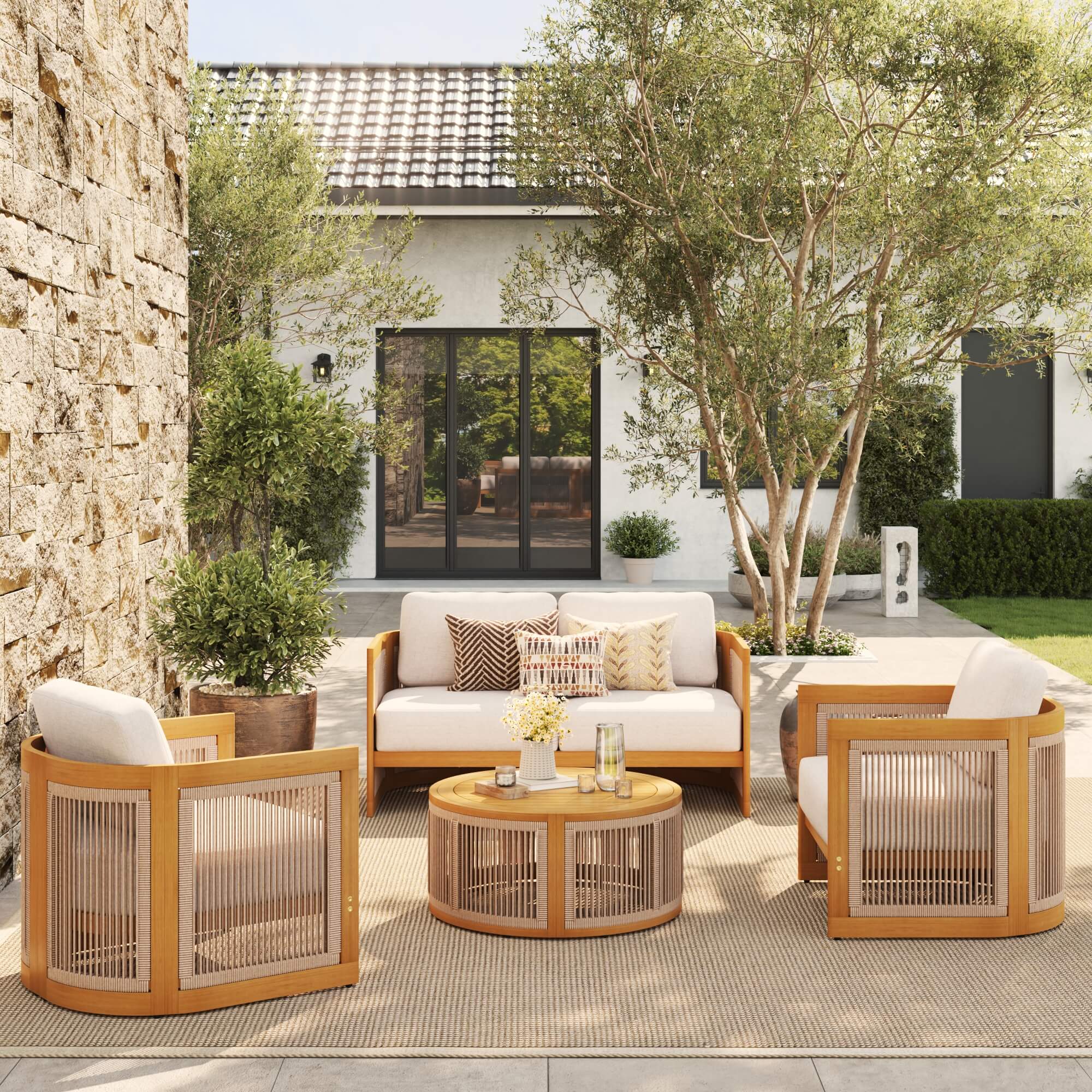 Mori acacia wood patio Furniture lounge Set with round coffee table and rope design - Jardina Modern Premium Outdoor Patio Furniture Sets#Size_4-pc with Loveseat