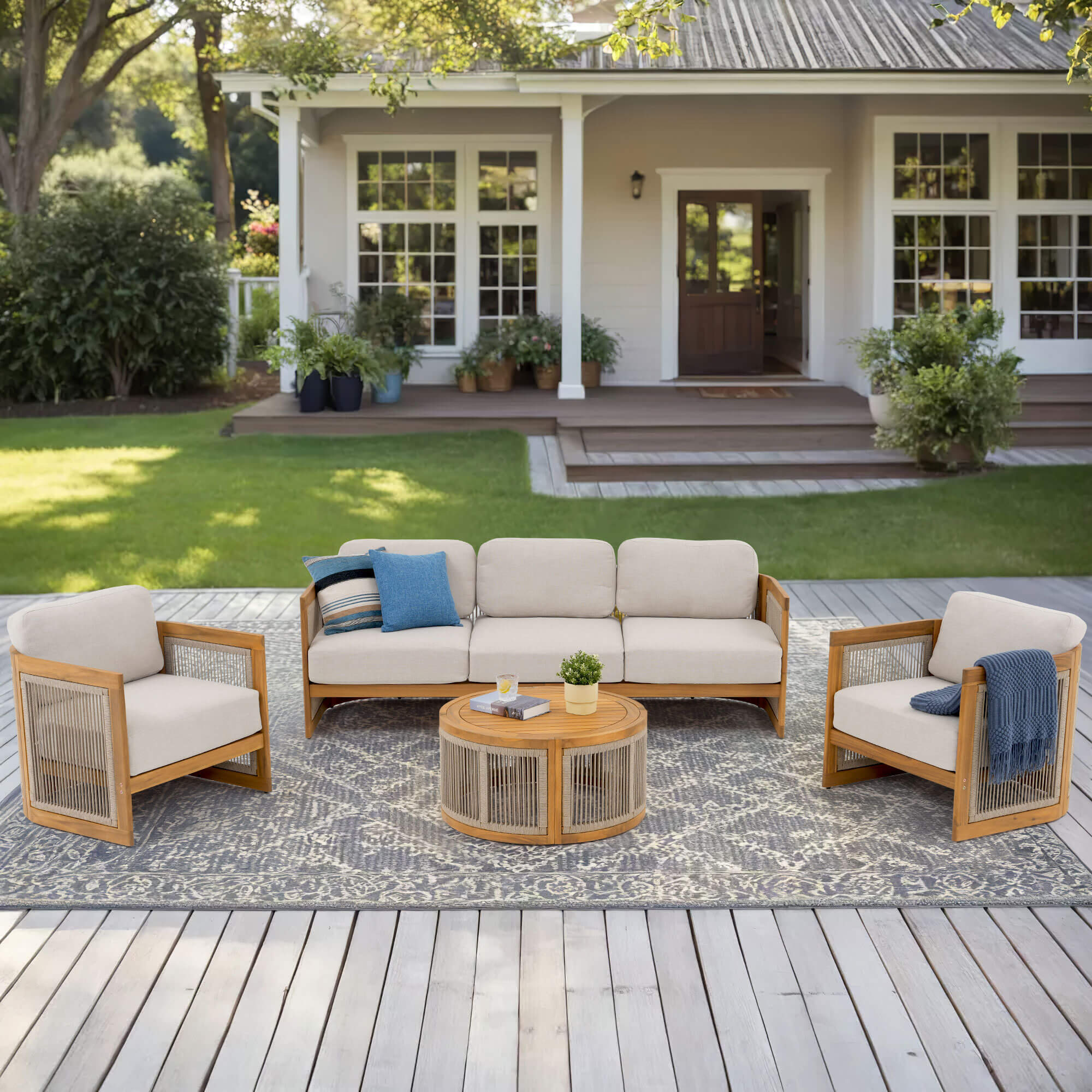 5 seats outdoor furniture conversation sets with wooden frame and woven rope design, a 3-seat sofa, two chairs and a round coffee table- Jardina Modern Premium Patio Outdoor Furniture#Size_4-pc with Sofa