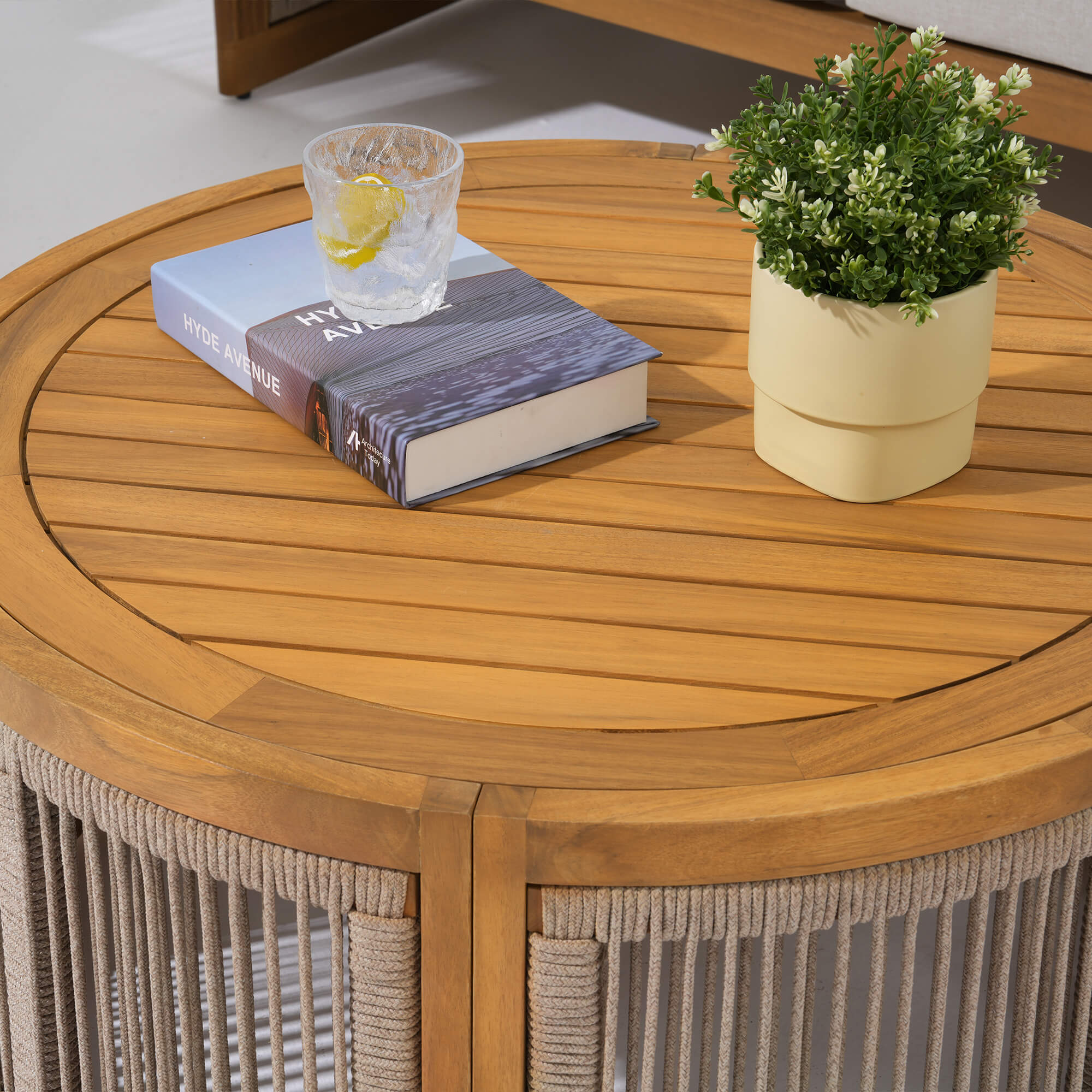 Wooden round coffee table with rope design- Jardina Modern Premium Patio Outdoor Furniture