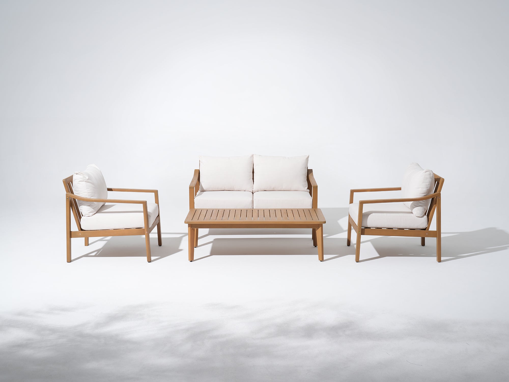Noto Outdoor furniture set with wooden frames and white cushions- Jardina Modern Premium Patio Outdoor Furniture