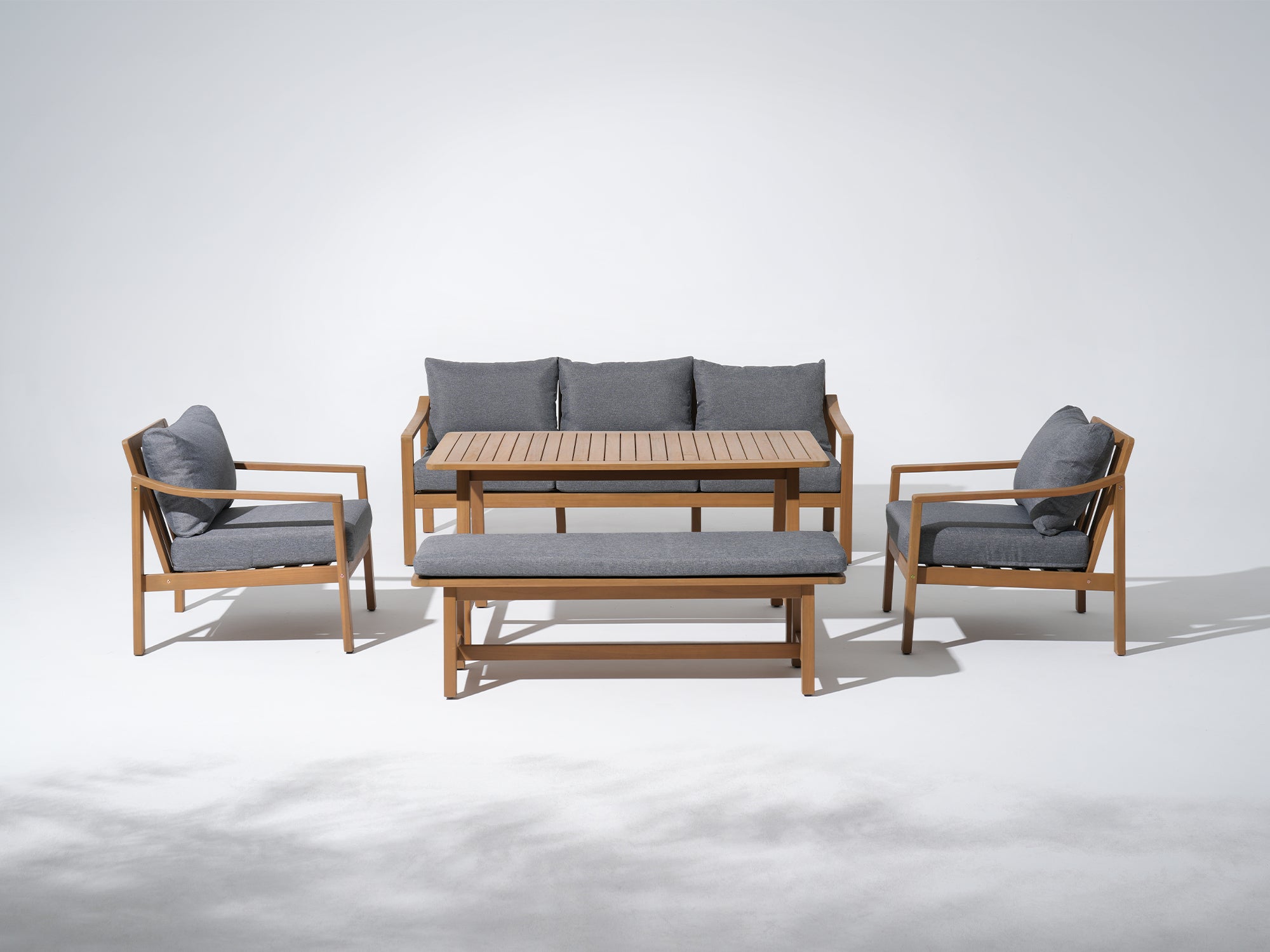 Noto 5-Piece Wooden Outdoor Conversation Set with Bench- Jardina Modern Premium Patio Outdoor Furniture#Color_Grey