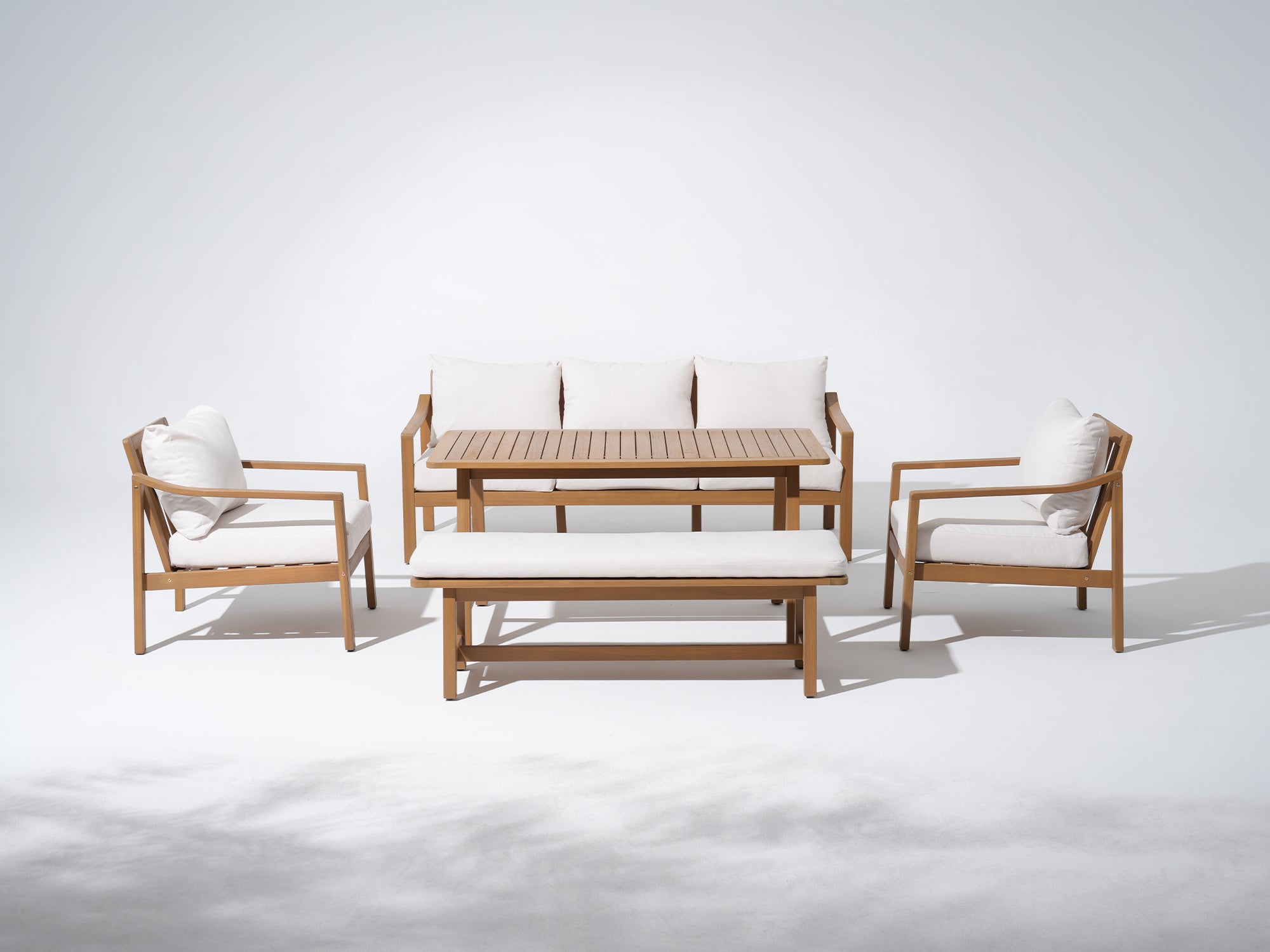 Noto 5-Piece White Wooden Outdoor Conversation Set with Bench and dining table- Jardina Modern Premium Patio Outdoor Furniture#Color_White