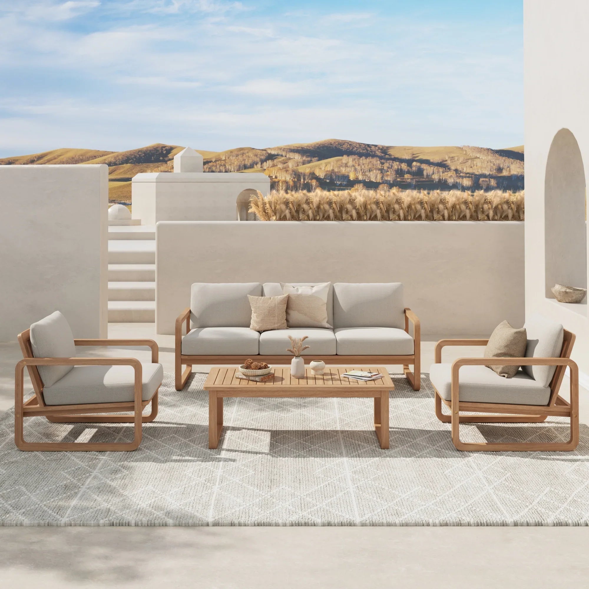 5-seat acacia wood Outdoor patio lounge set with beige cushions on a terrace - Jardina Modern Premium Outdoor Patio Furniture Sets