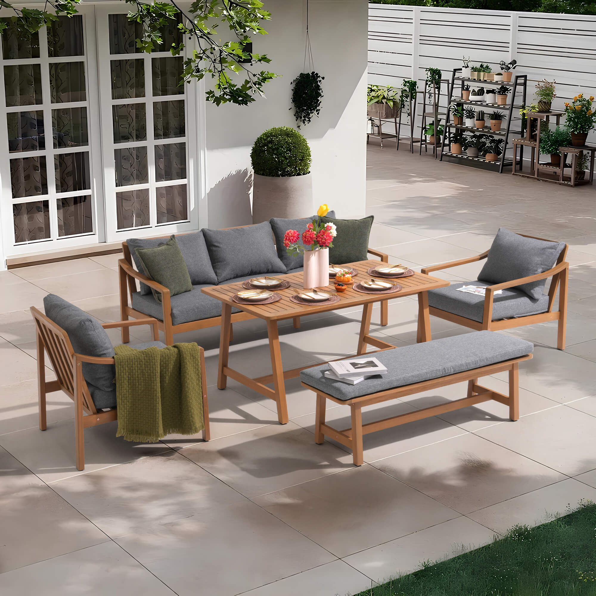 Noto 5-Piece Gray Wooden Outdoor Conversation Set with Bench and large dining table- Jardina Modern Premium Patio Outdoor Furniture#Color_Grey