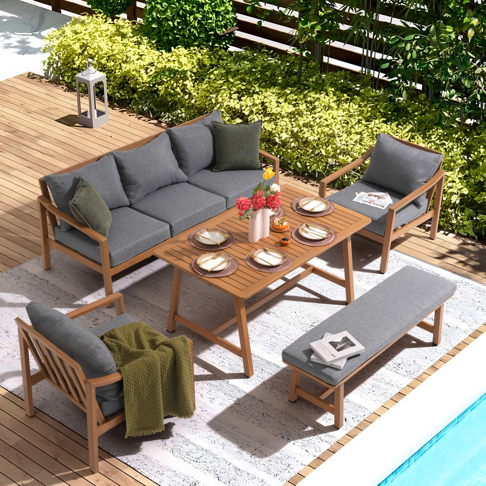 Noto 5-Piece Wooden Outdoor Conversation Set with Bench and dining table- Jardina Modern Premium Patio Outdoor Furniture#Color_Grey