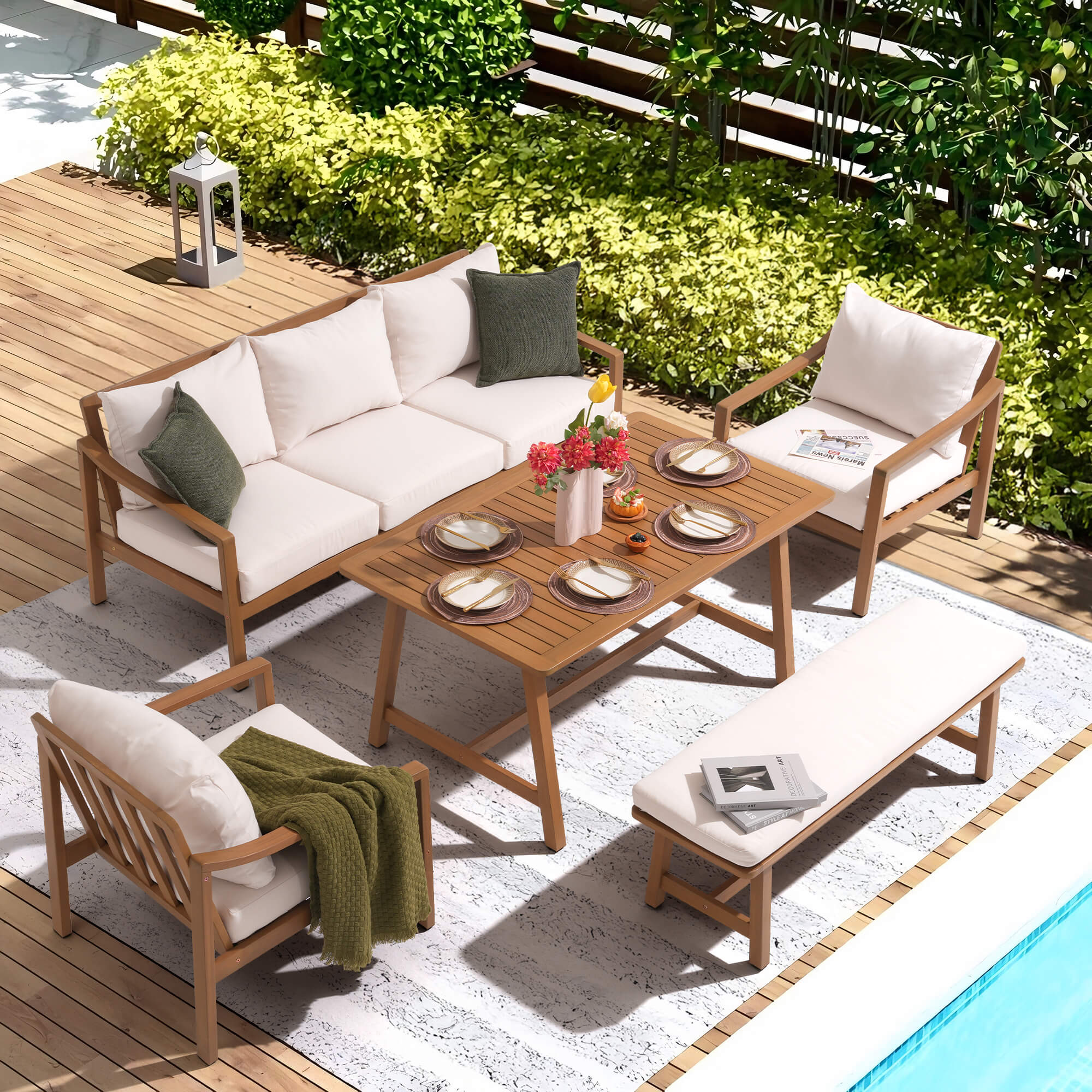 Noto 5-Piece White Wooden Outdoor Conversation Set with Bench and dining table- Jardina Modern Premium Patio Outdoor Furniture