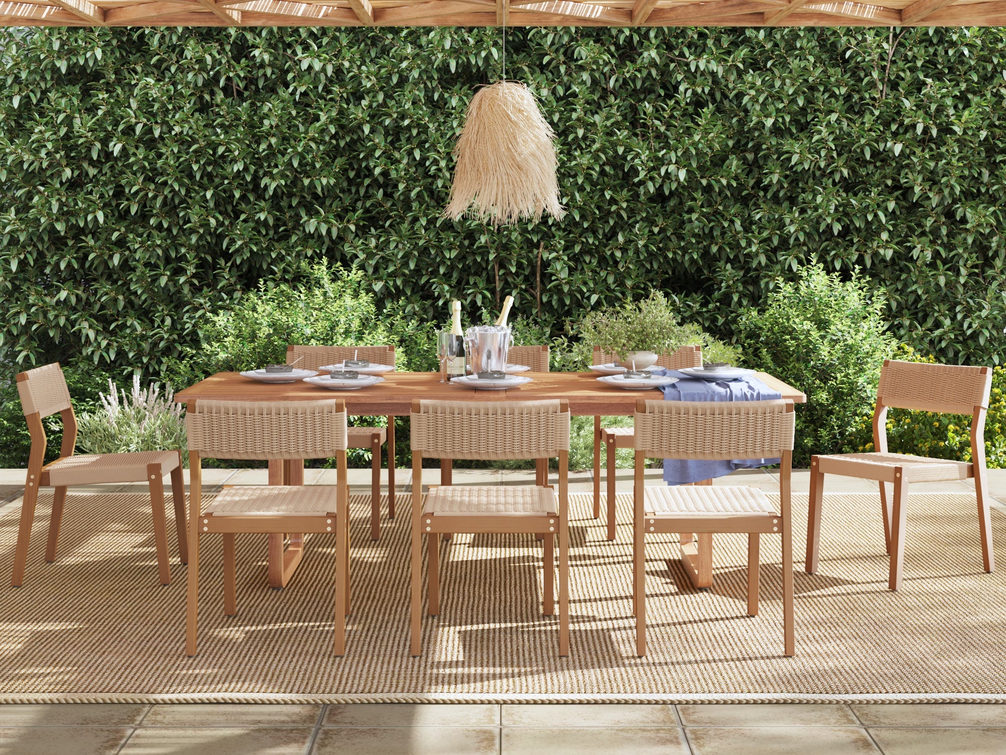 Cove Outdoor Wooden Dining Set with Armless Design for 8 People, Umbrella Hole, 90.6"U-Legs