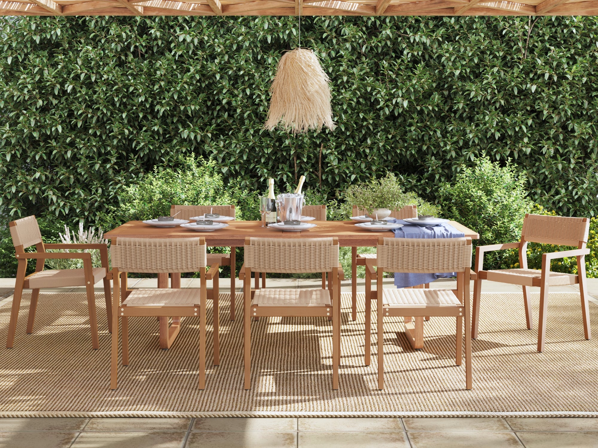 Cove Outdoor Wooden Dining Set with Ratten Arm Chairs for 8 People, Umbrella Hole , 90.6" U-Legs