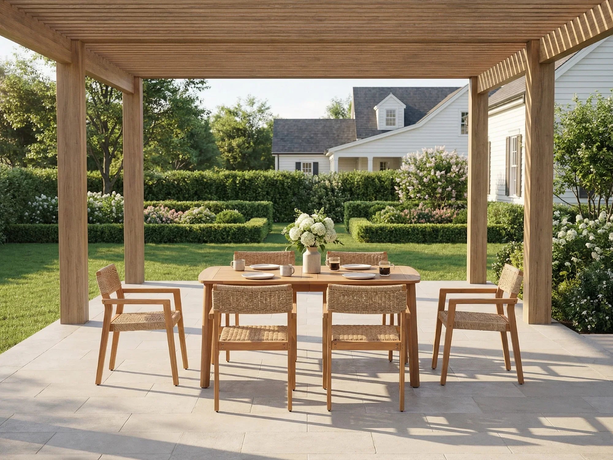 Outdoor patio furniture set for 6 with acacia wooden table and chairs under a pergola - Jardina Premium Modern Outdoor Dining Furniture