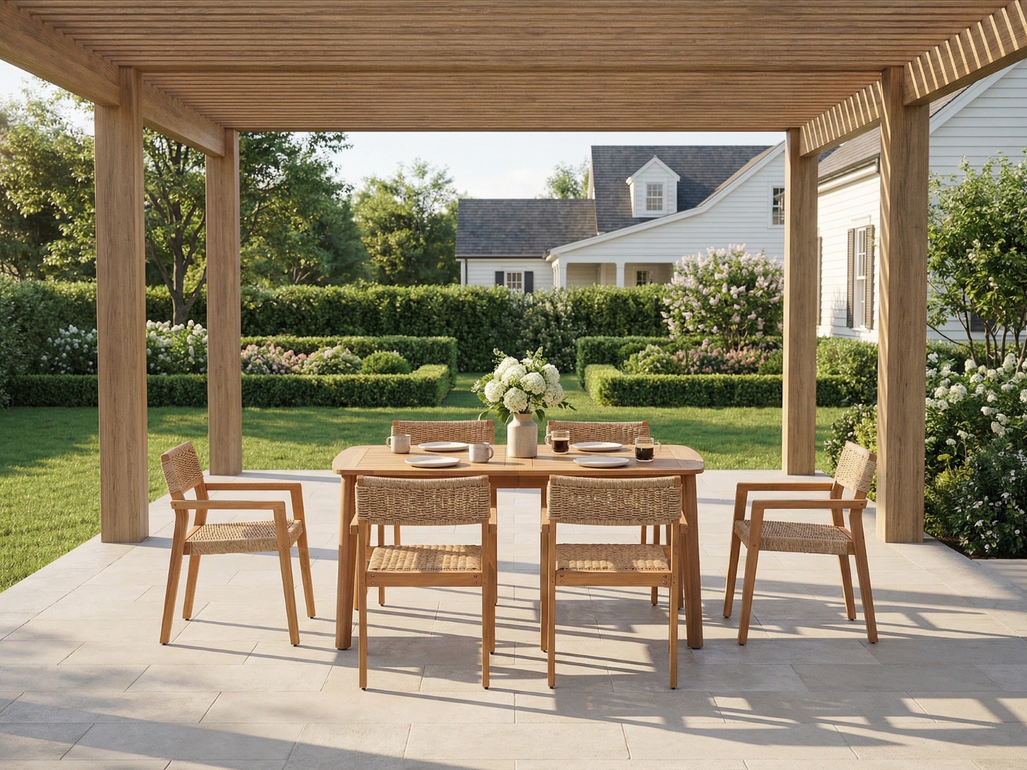Outdoor patio furniture set for 6 with acacia wooden table and chairs under a pergola - Jardina Premium Modern Outdoor Dining Furniture