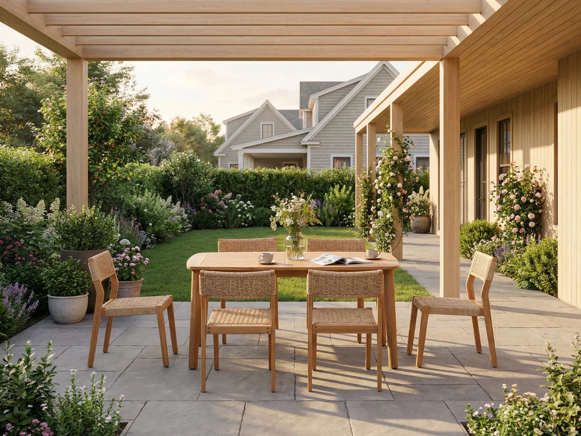 Outdoor umbrella hole patio dining set for 6 with acacia wooden table and armless chairs under a pergola - Jardina Premium Modern Outdoor Dining Furniture