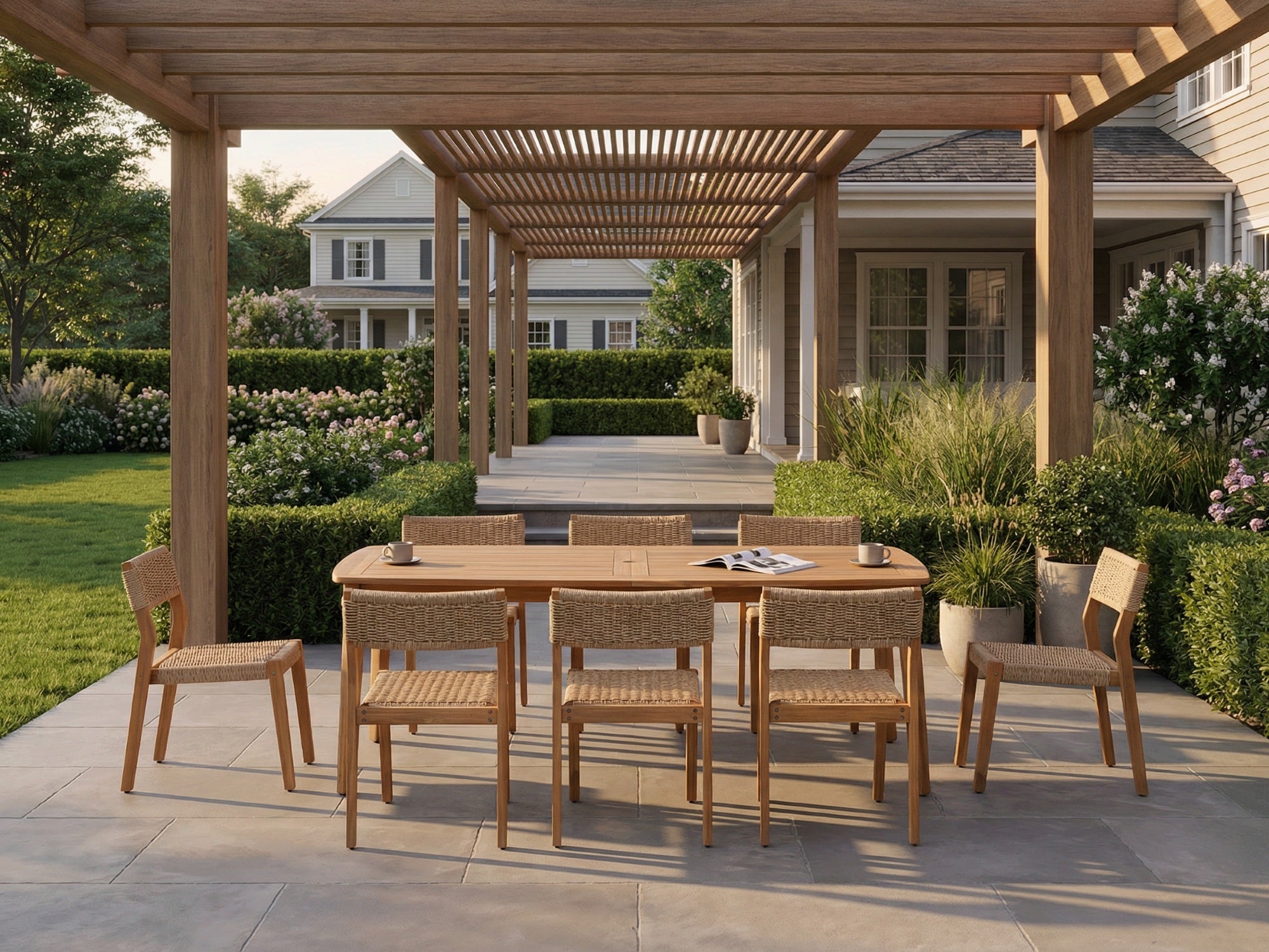 acacia wood Outdoor dining set for 8 under a wooden pergola with wicker design armless chair, umbrella hole dining - Jardina Premium Modern Outdoor Dining Furniture table