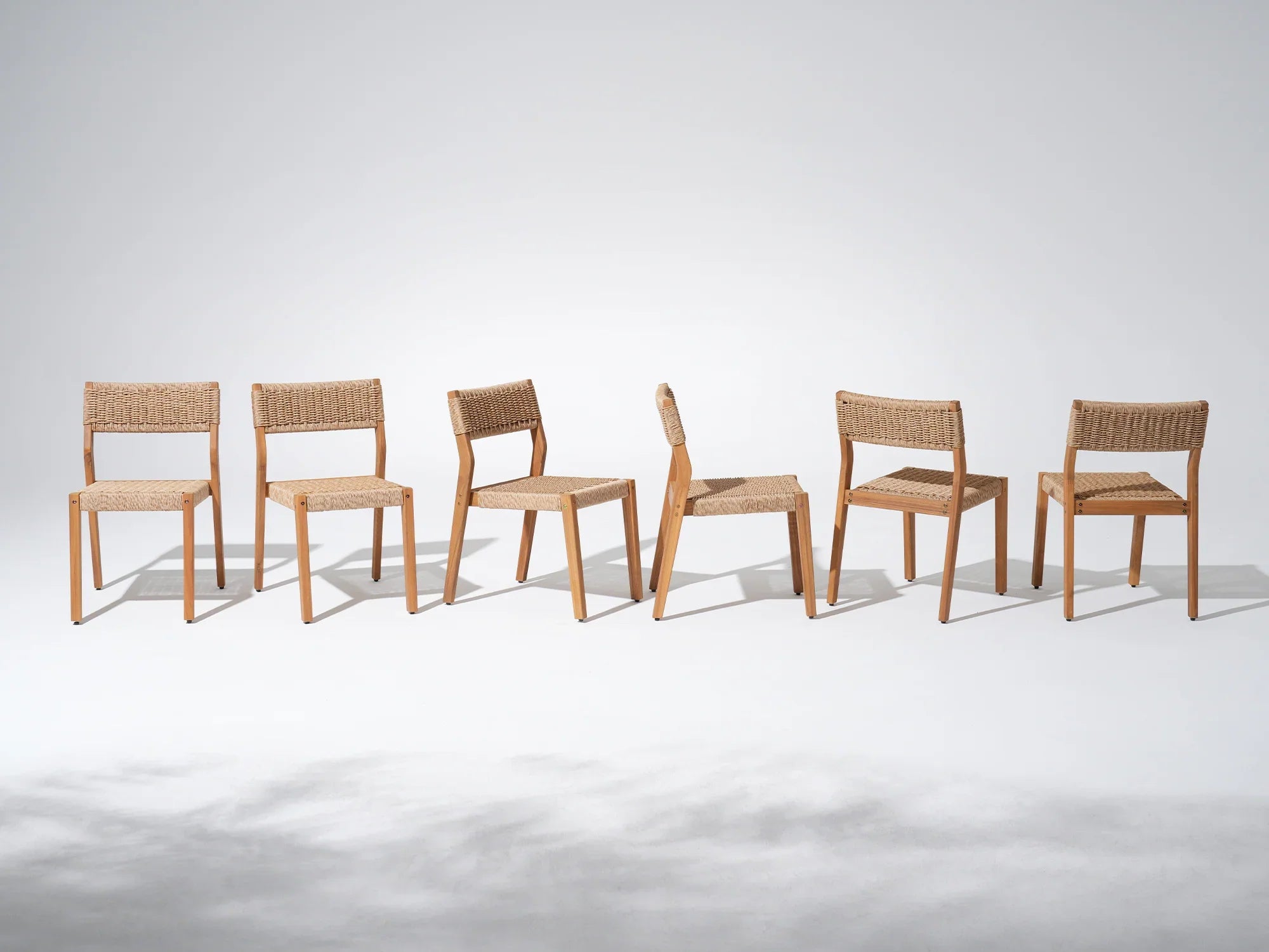 Set of six acacia wooden armless dining chairs with woven seats and backs - Jardina Premium Modern Outdoor Dining Furniture