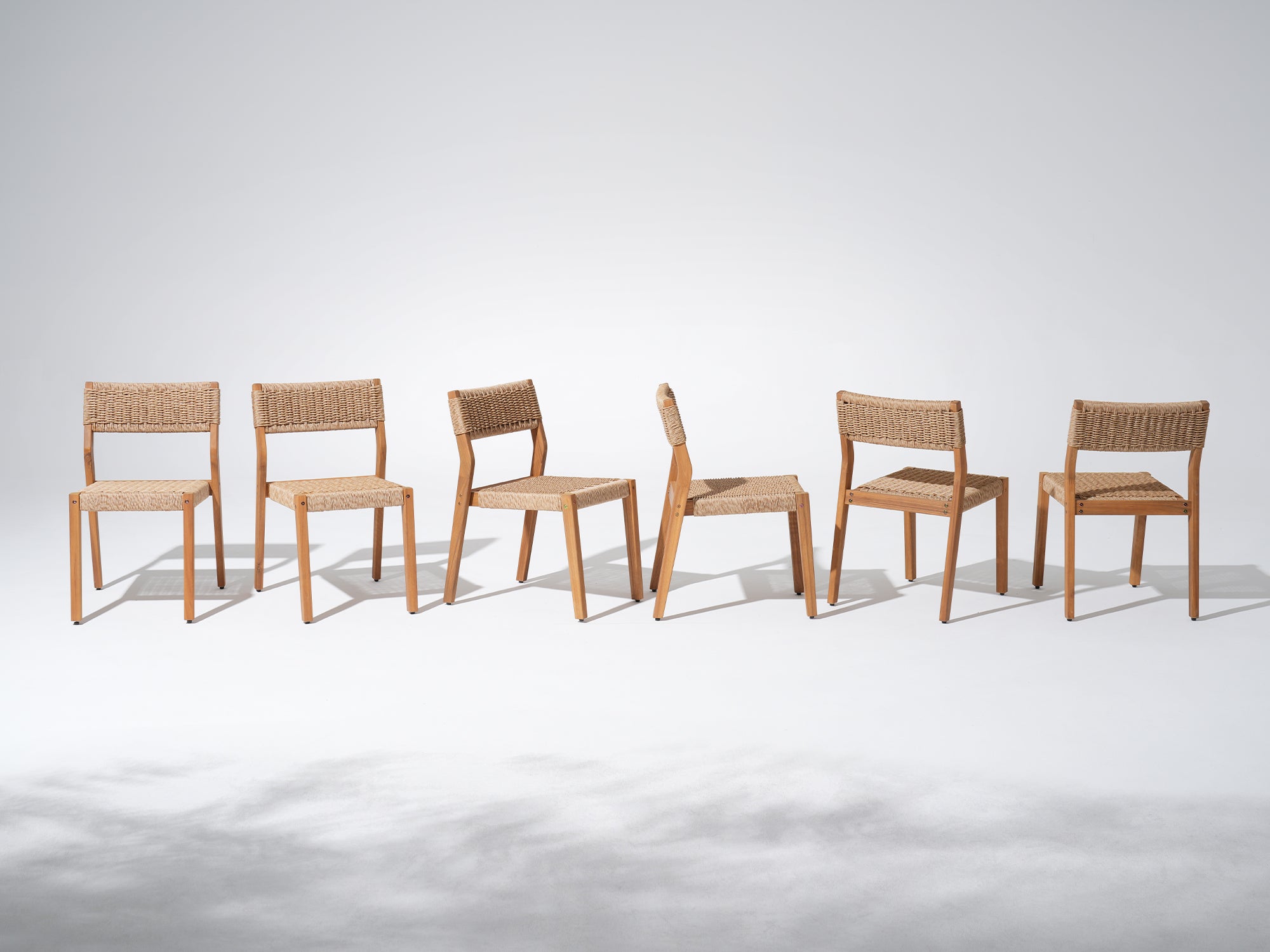 Set of six acacia wooden armless dining chairs with woven seats and backs - Jardina Premium Modern Outdoor Dining Furniture