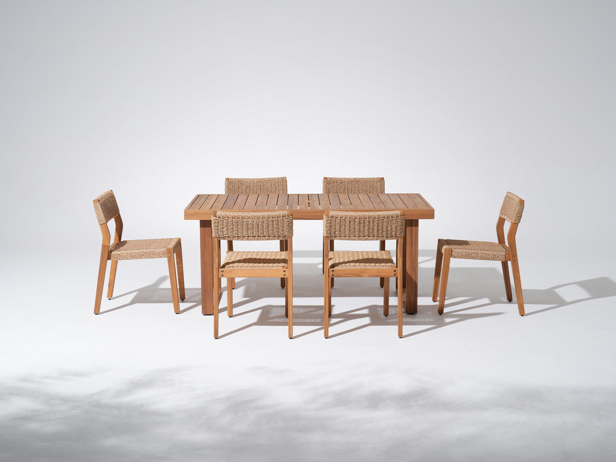 Outdoor acacia Wooden Dining Set with Armless Design for 6 People, Umbrella Hole, 67" Sled-Leg - Jardina Premium Modern Outdoor Dining Furniture