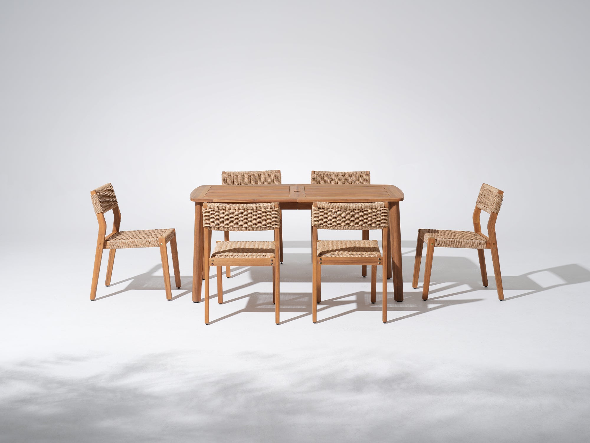 rectangular acacia Wooden outdoor dining table set for 6 people with umbrella hole, wicker design armless chair - Jardina Premium Modern Outdoor Dining Furniture