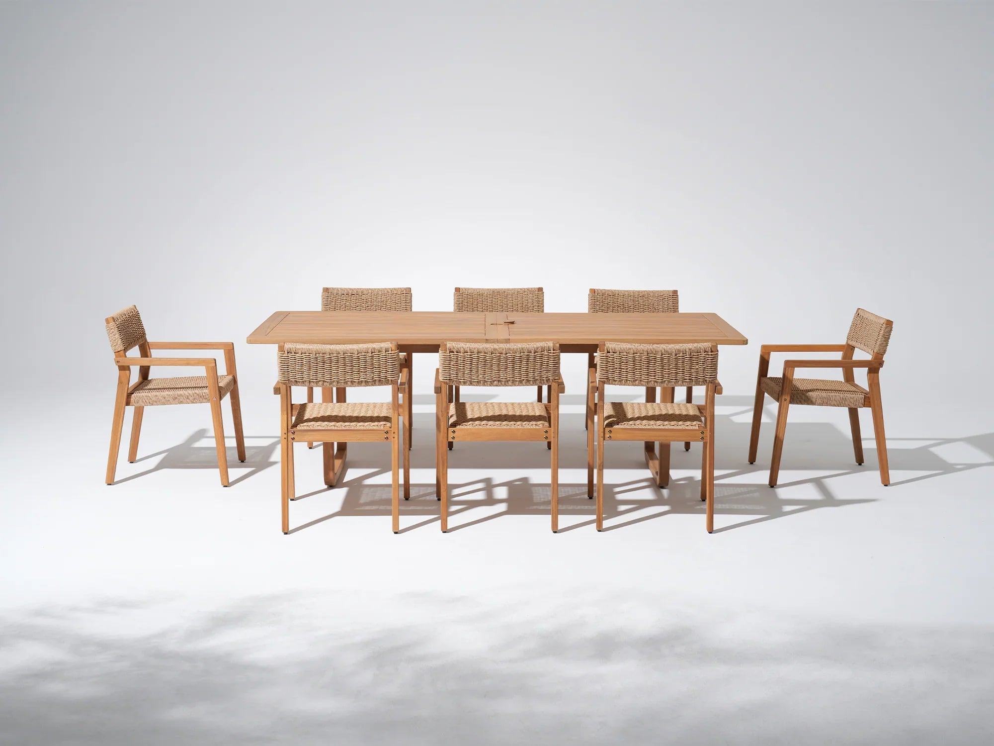 Acacia Wooden dining table with umbrella hole and woven chairs for 8 person - Jardina Premium Modern Outdoor Dining Furniture