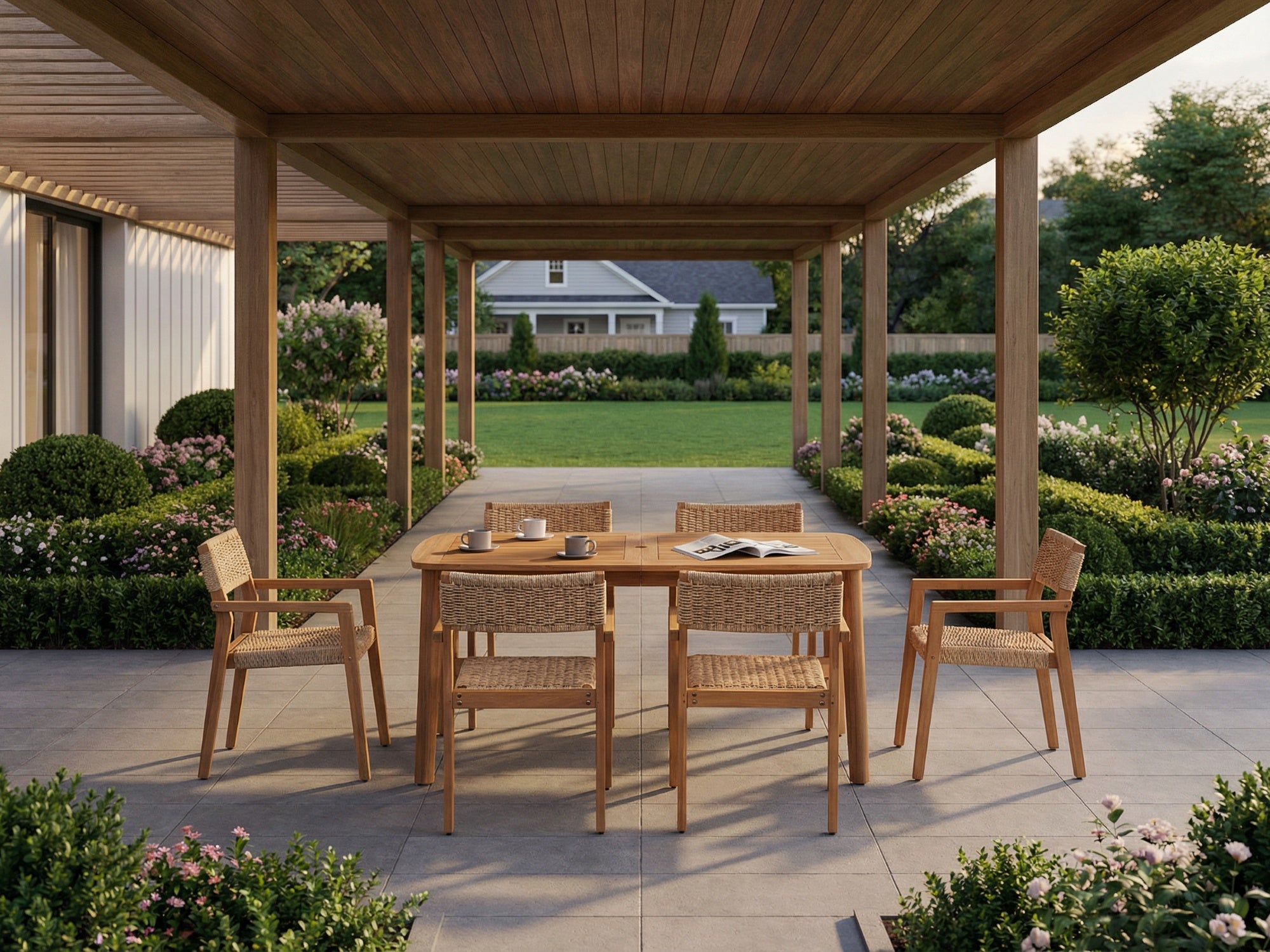 acacia Wooden outdoor dining set for 6 with umbrella hole under a covered patio - Jardina Premium Modern Outdoor Dining Furniture