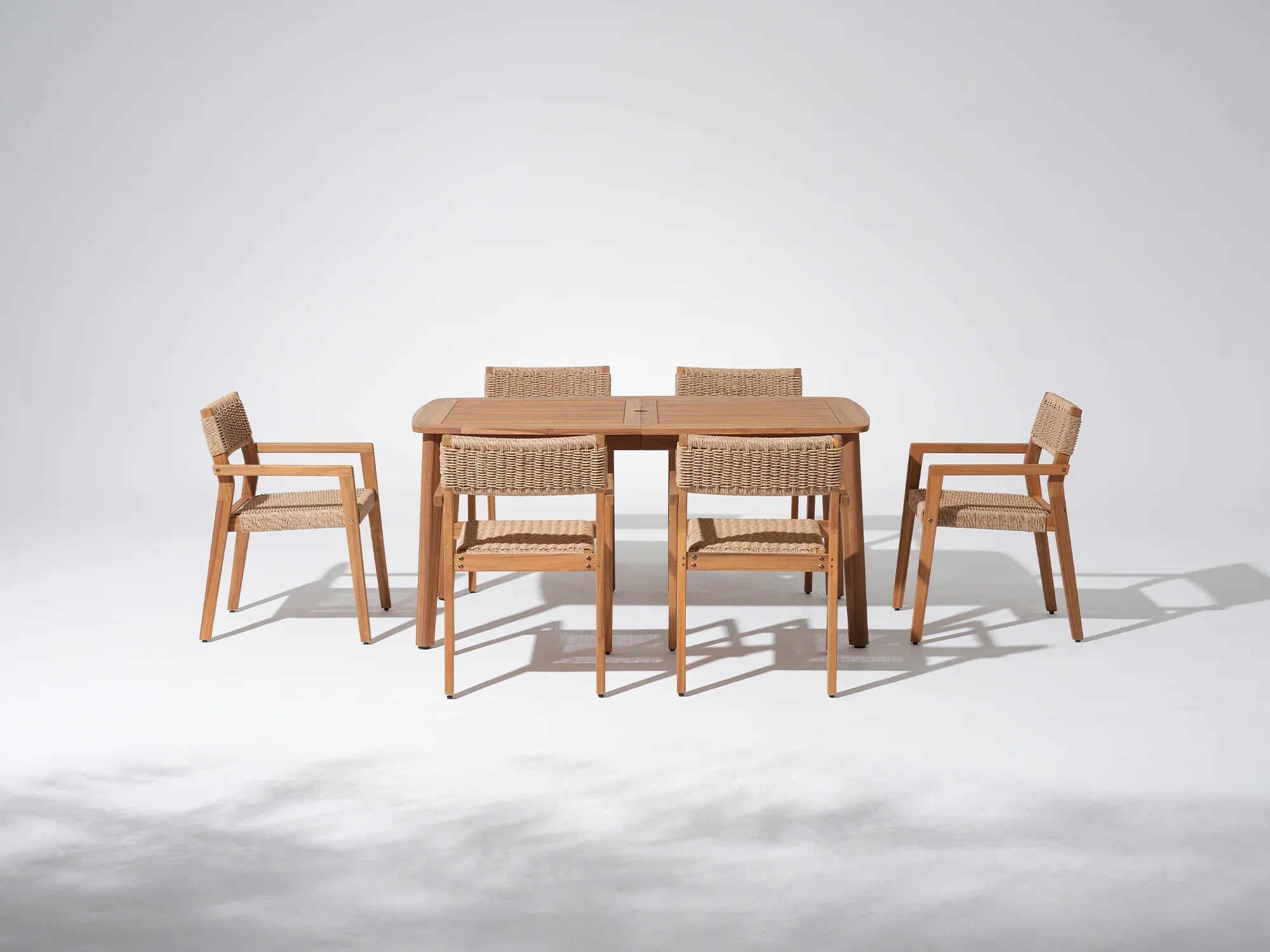 acacia Wooden patio dining set with umbrella hole for 6 people, rope design armchair - Jardina Premium Modern Outdoor Dining Furniture