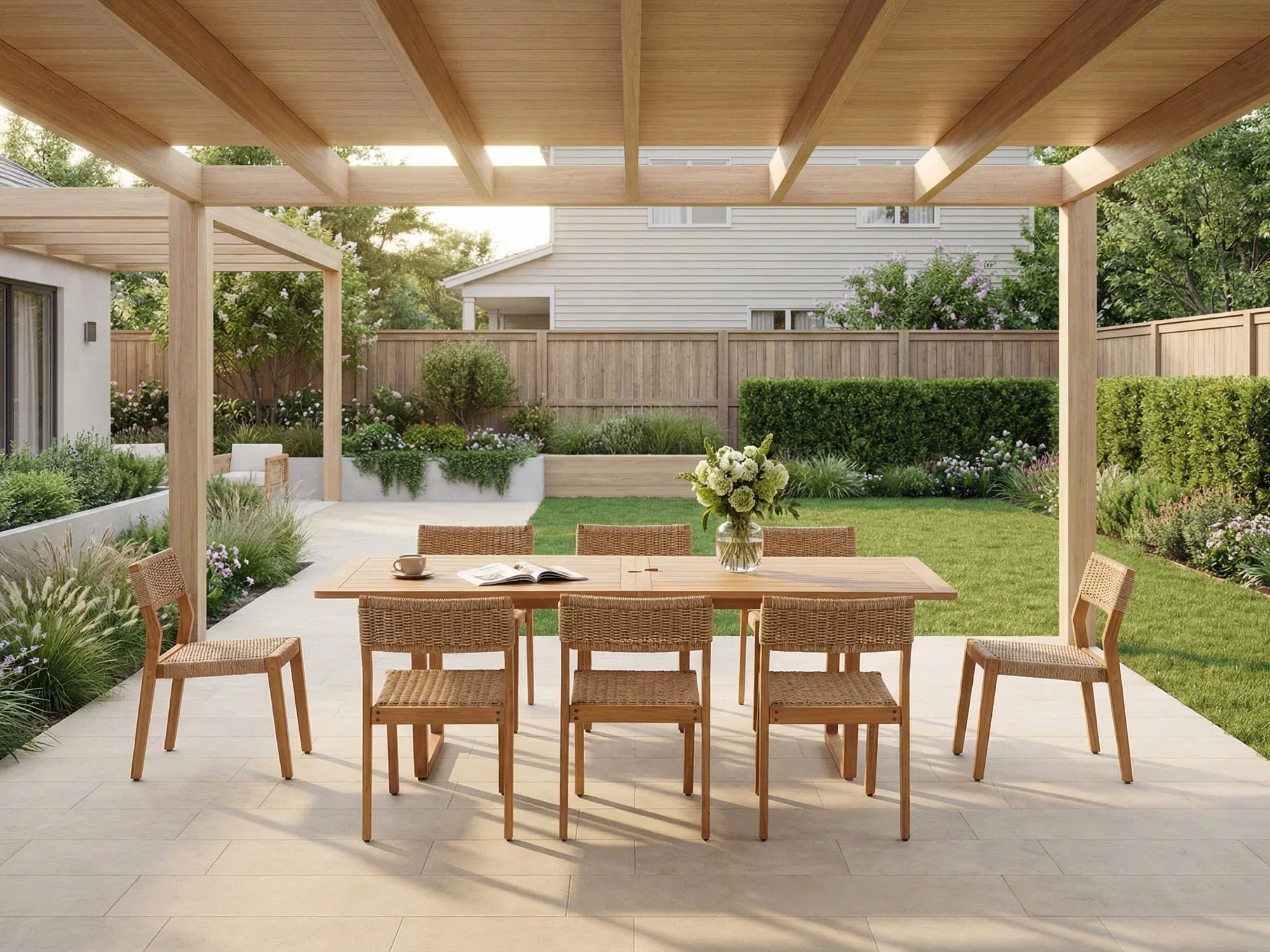 Outdoor acacia Wooden Dining Set with Armless Design chairs for 8 People, Umbrella Hole, 90.6" U-Legs - Jardina Premium Modern Outdoor Dining Furniture