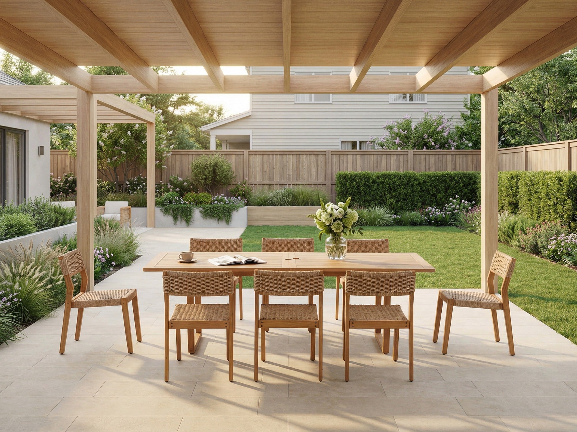 Outdoor acacia Wooden Dining Set with Armless Design chairs for 8 People, Umbrella Hole, 90.6" U-Legs - Jardina Premium Modern Outdoor Dining Furniture