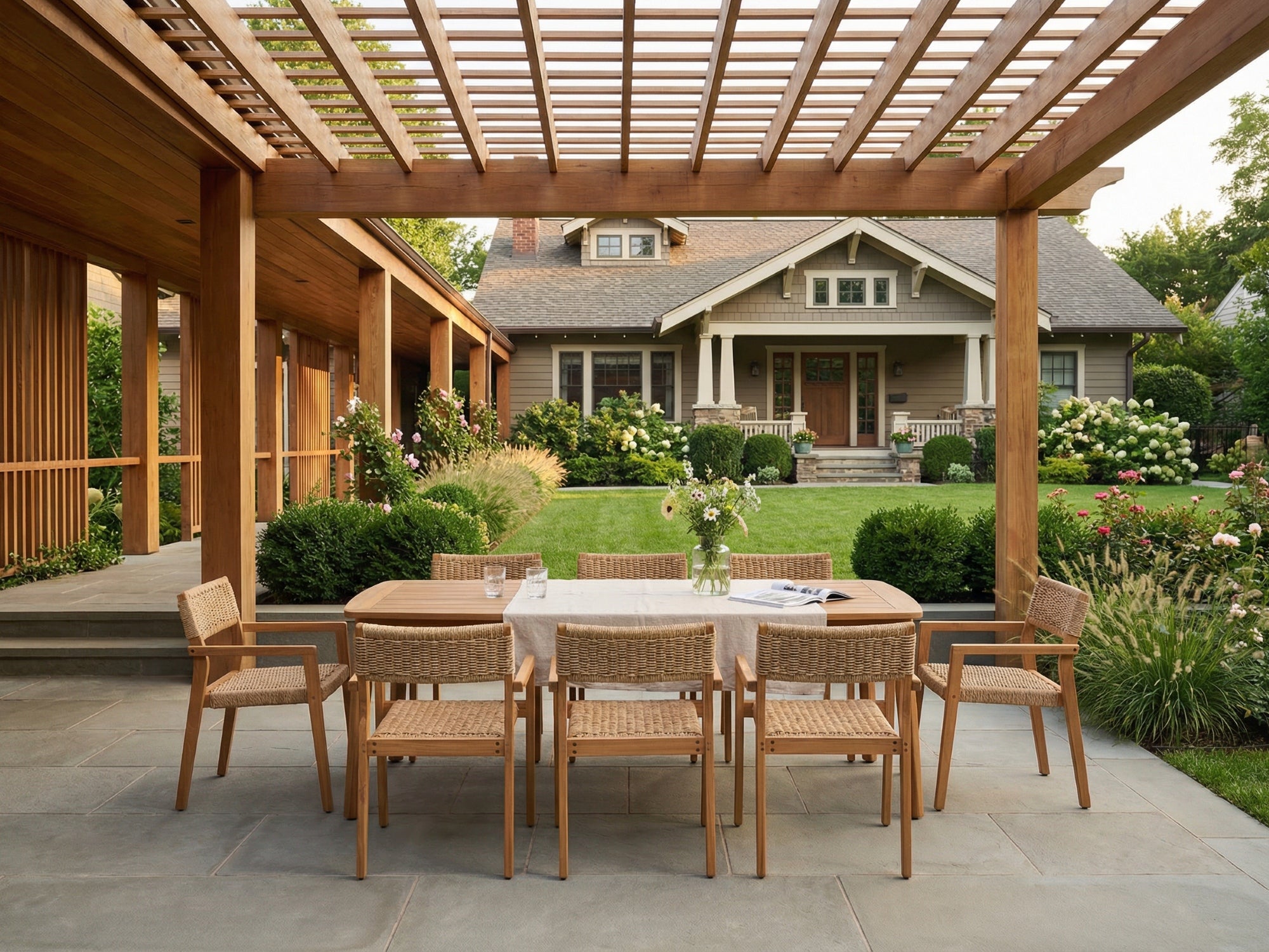 Outdoor patio with acacia wooden dining set for 6 with umbrella hole under a pergola - Jardina Premium Modern Outdoor Dining Furniture