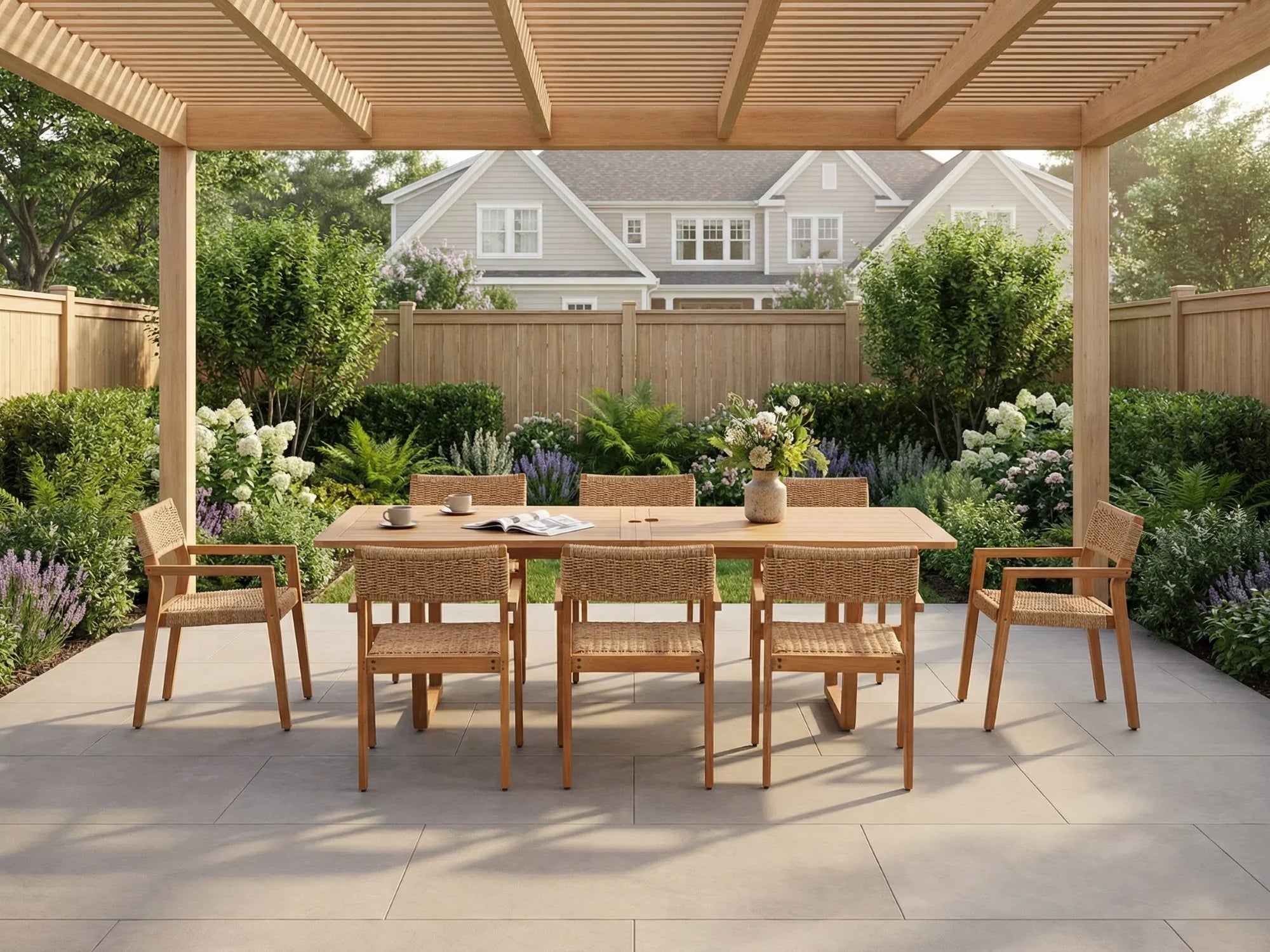 acacia wood patio dining set for 8 people with umbrella hole, wicker design armchairs - Jardina Premium Modern Outdoor Dining Furniture