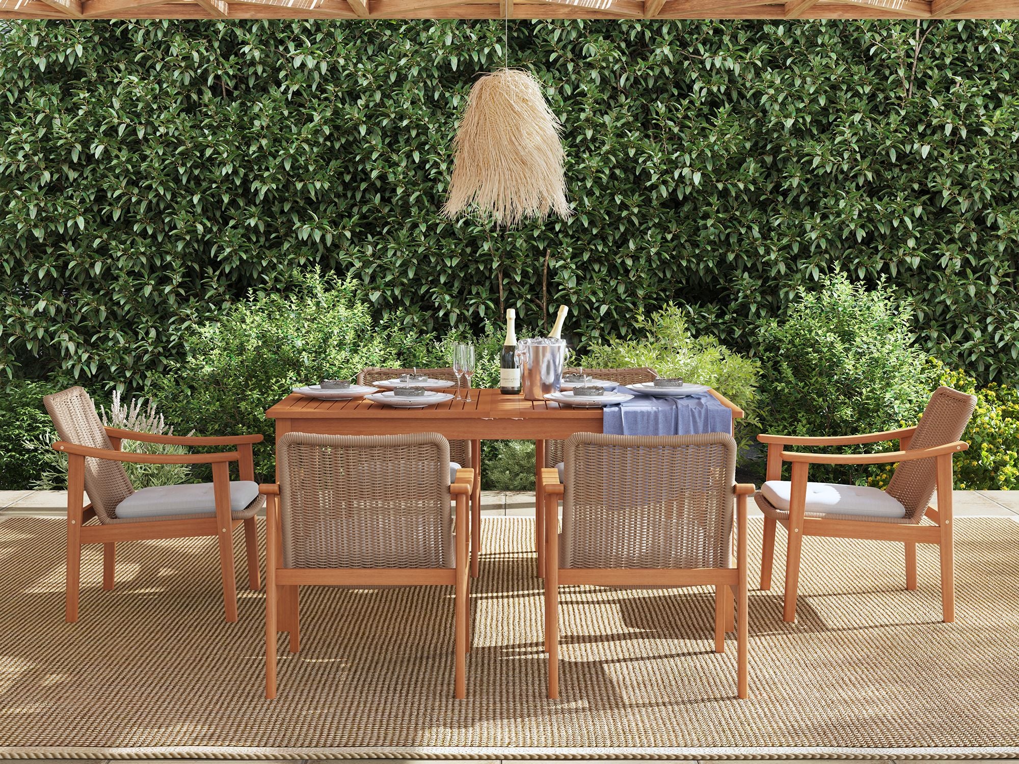 acacia wood Outdoor dining set for 6 with extendable table and wicker chairs - Jardina Premium Modern Outdoor Dining Furniture