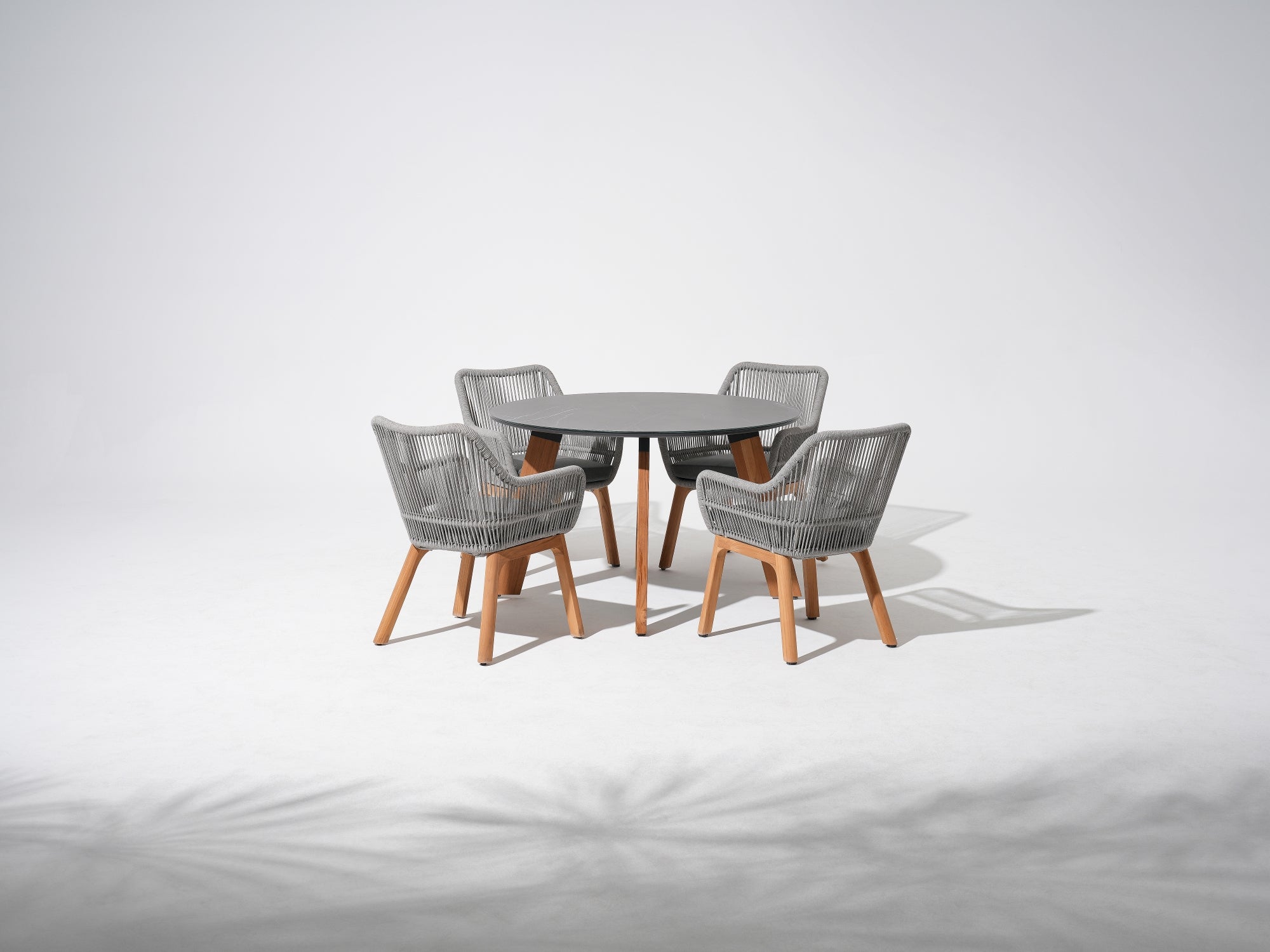 Round Outdoor Dining Set For 4 with cushions, Teak frame, Sintered Stone dining table and 4 patio dining chairs with gray rope design and gray cushions - Jardina Premium Modern Outdoor Patio Dining Furniture Set