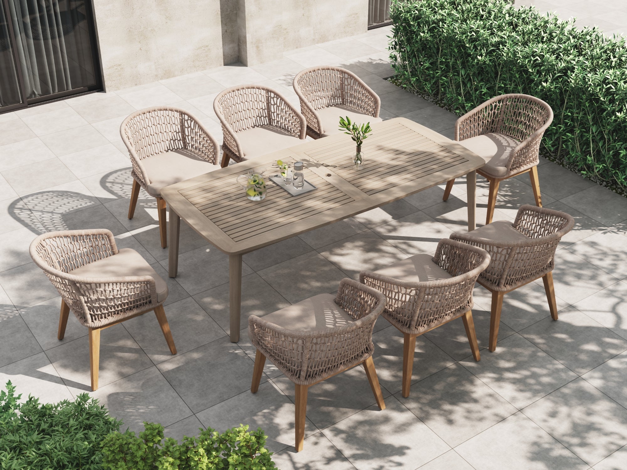 acacia wood Outdoor patio dining set for 8 person with a rectangular unmbrella hole table and wicker chairs - Jardina Premium Modern Outdoor Dining Furniture