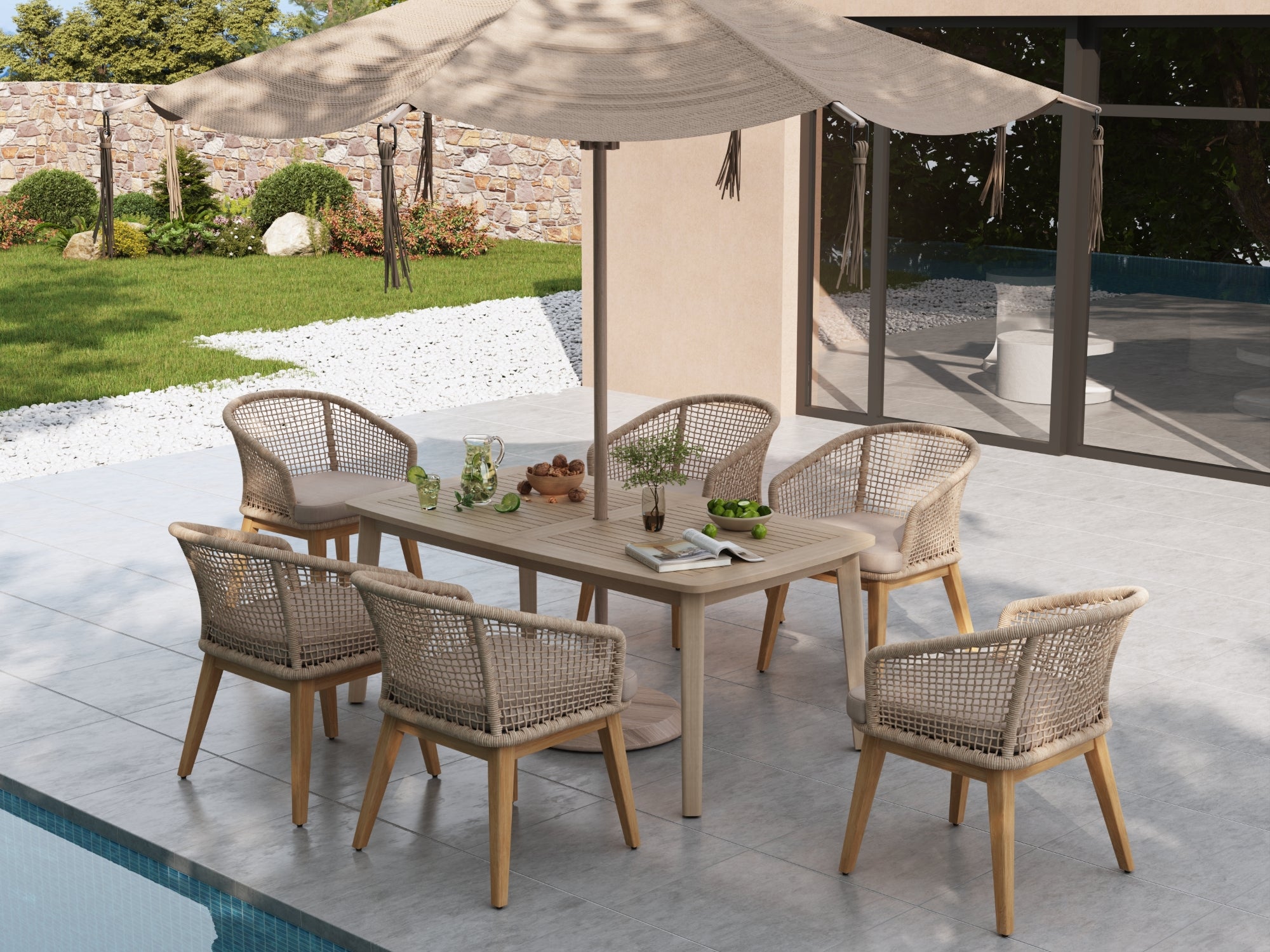 acacia wood Outdoor dining set with table and chairs for 6 under a large umbrella by a pool - Jardina Premium Modern Outdoor Dining Furniture